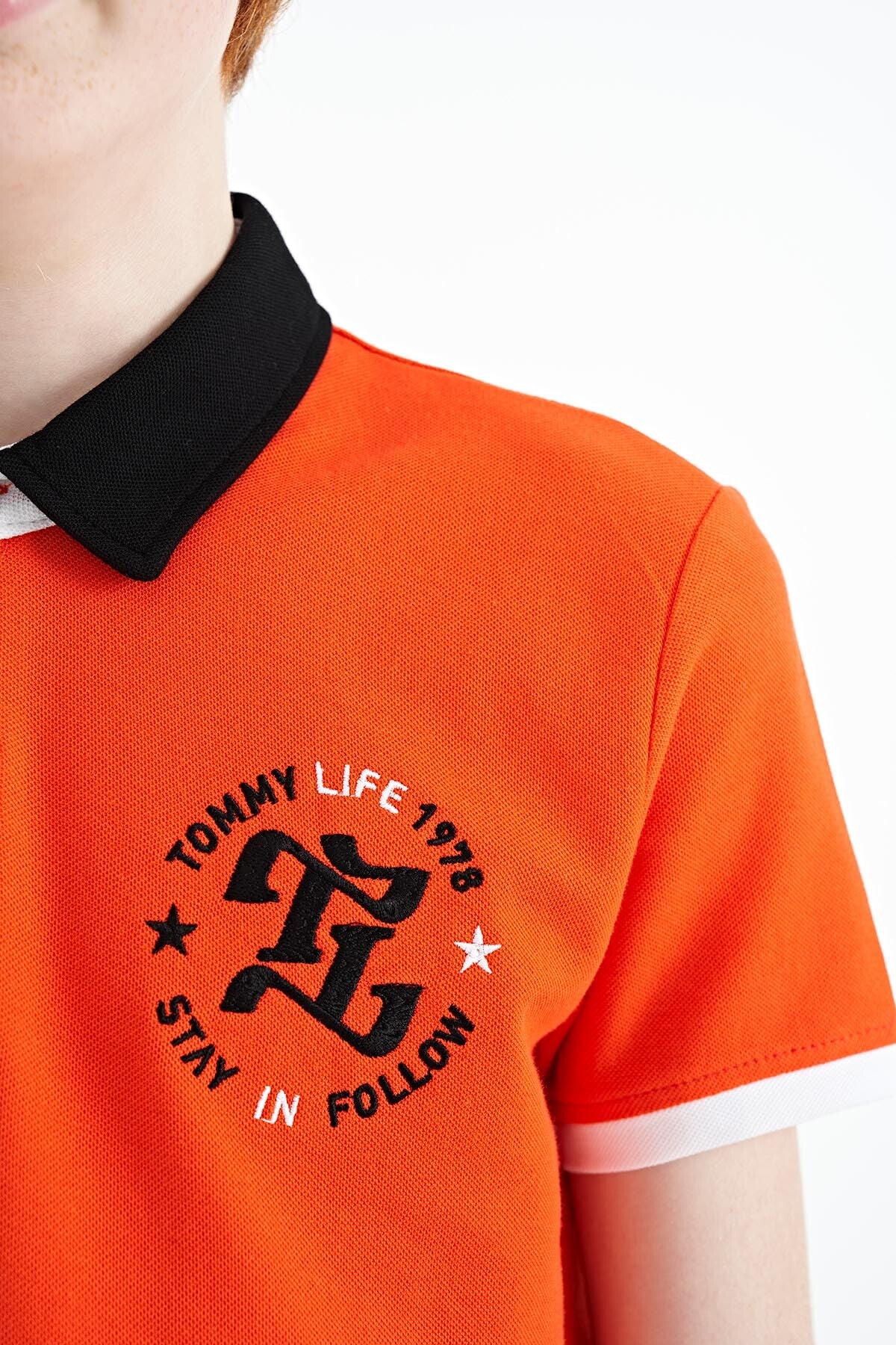 Orange Arm Chest Embroidery Detailed Standard Pattern Polo Collar Boys T-Shirt - 11086