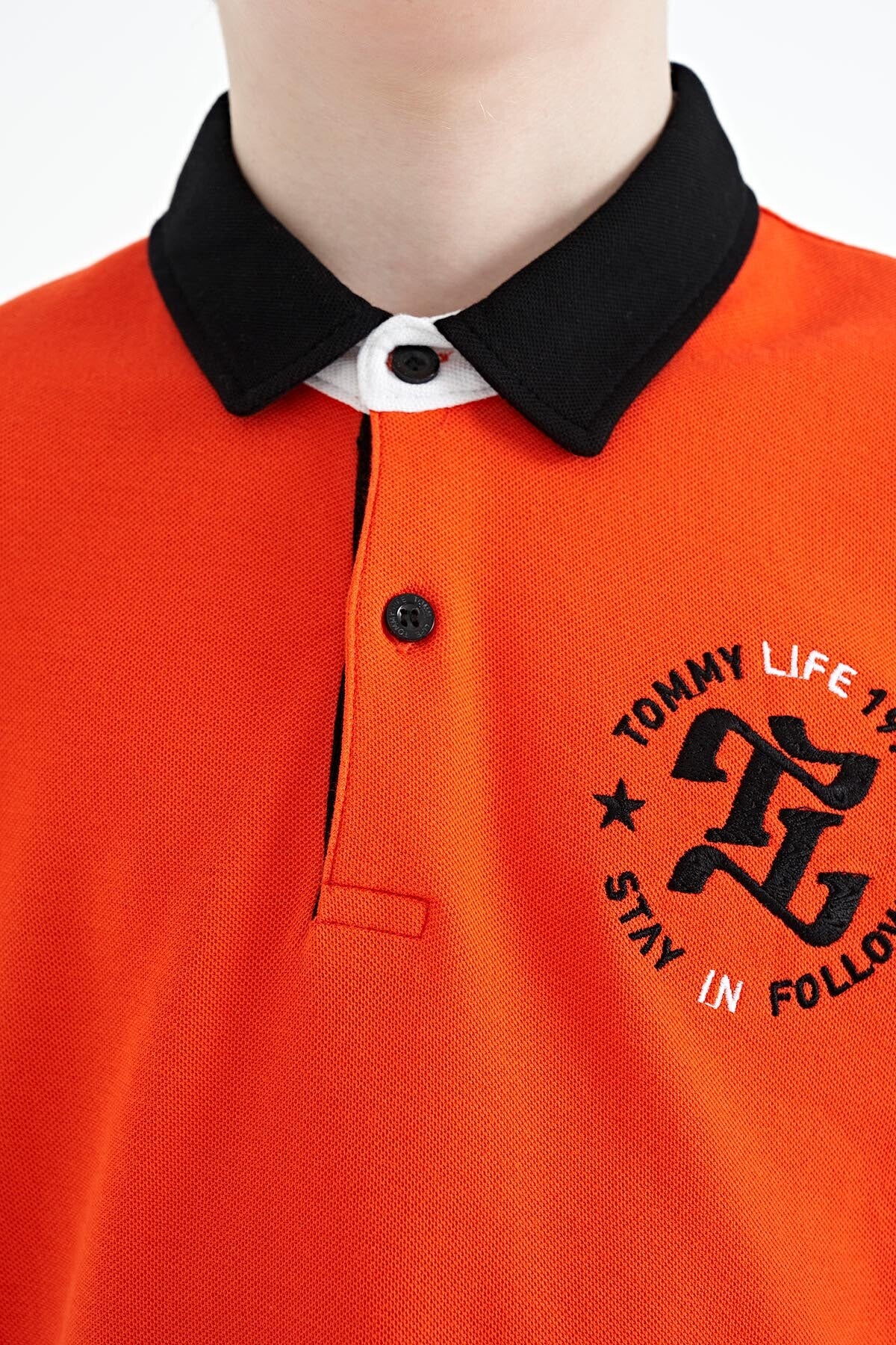 Orange Arm Chest Embroidery Detailed Standard Pattern Polo Collar Boys T-Shirt - 11086