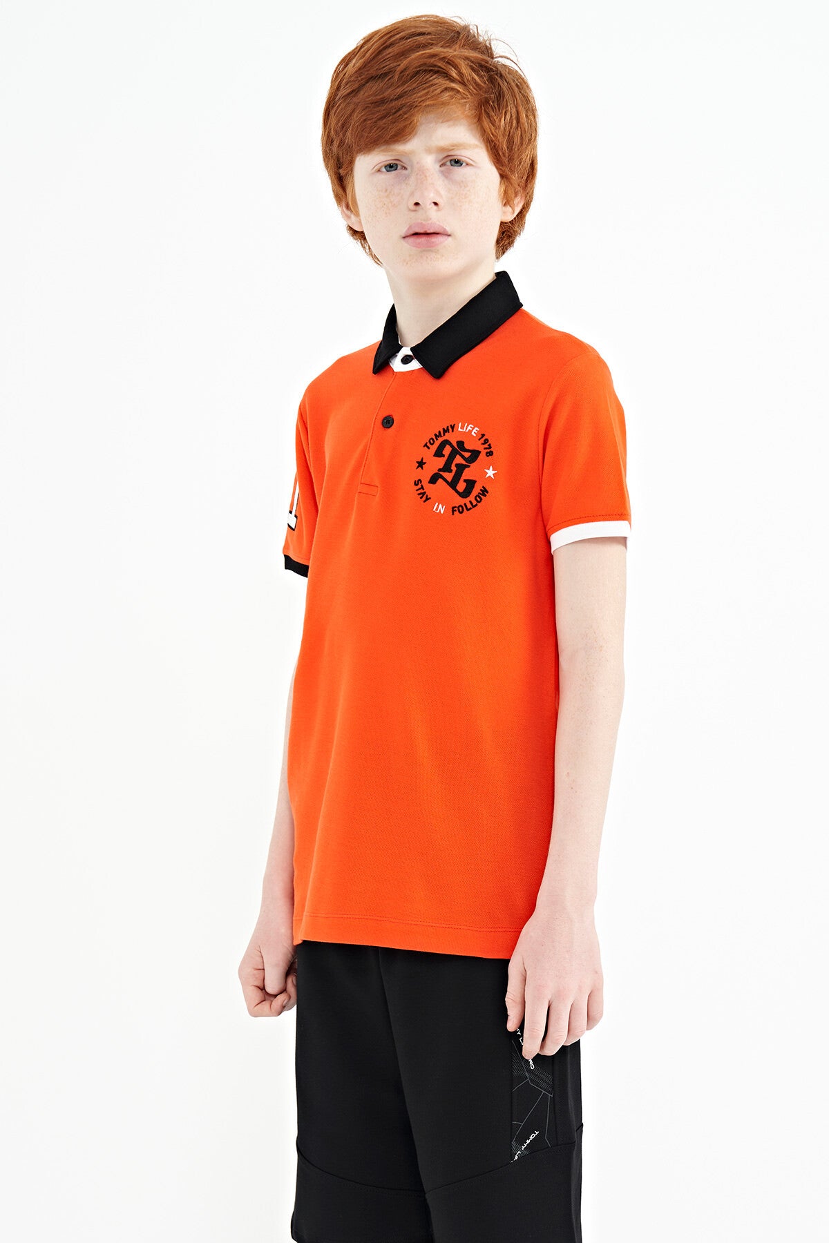 Orange Arm Chest Embroidery Detailed Standard Pattern Polo Collar Boys T-Shirt - 11086