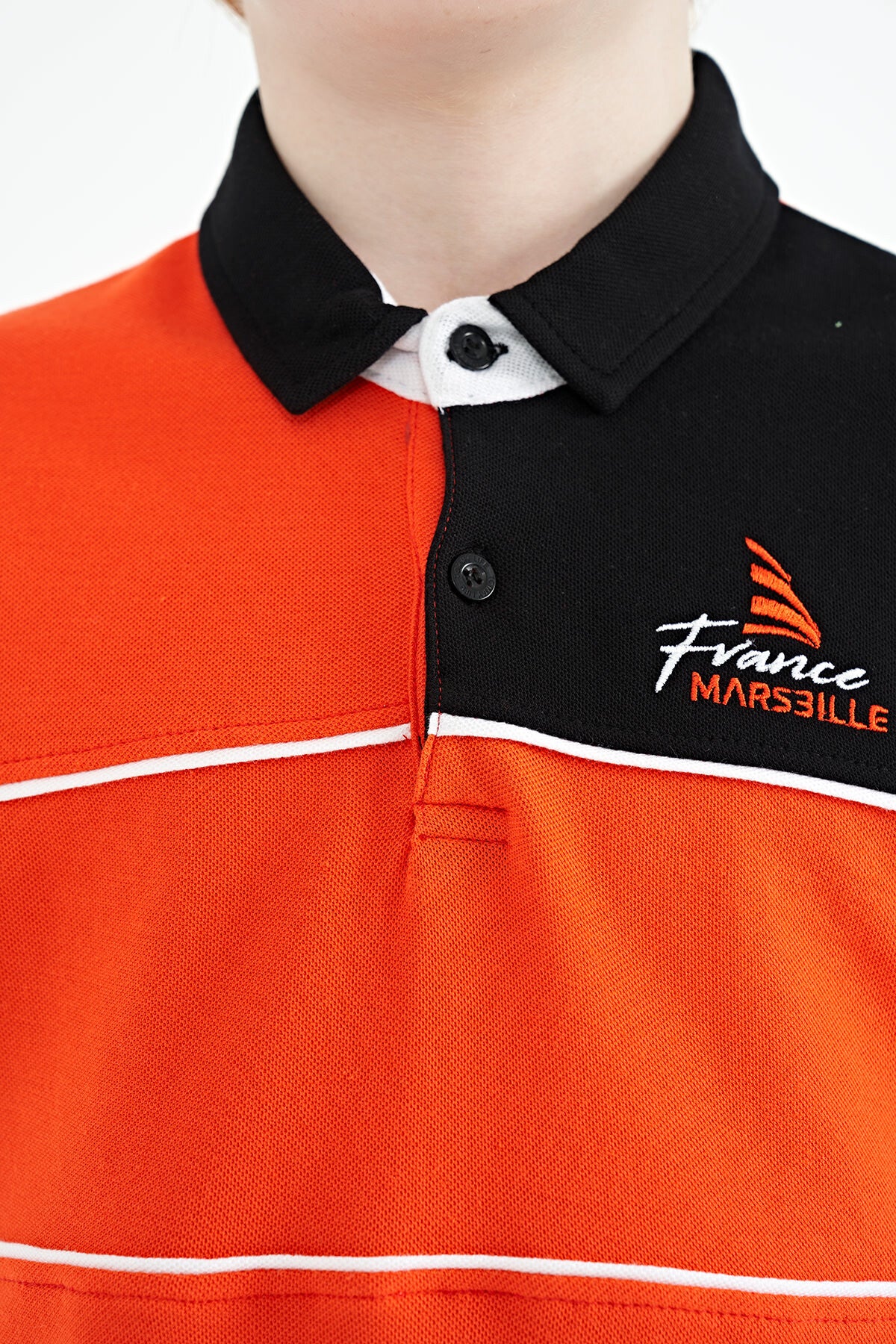 Orange Color Block Embroidered Letter Detailed Standard Pattern Polo Collar Boys T-Shirt - 11109