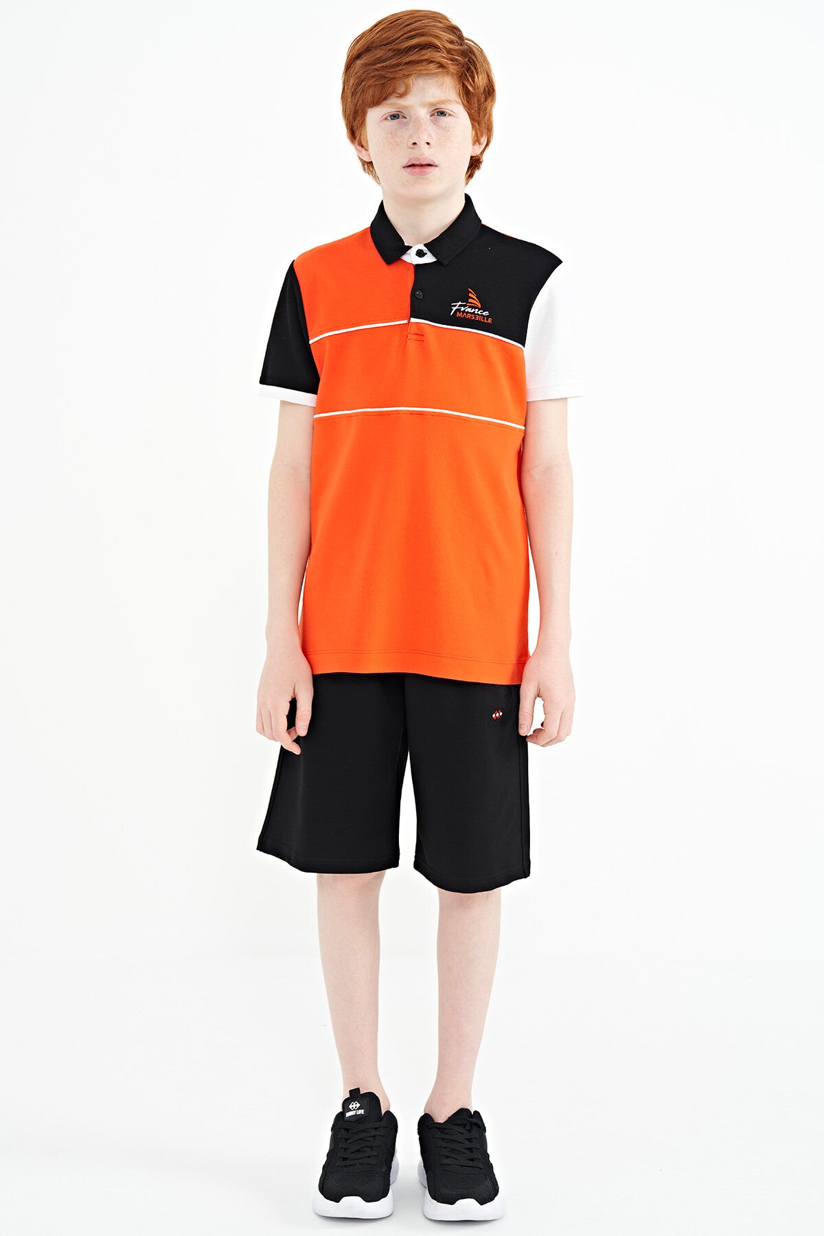 Orange Color Block Embroidered Letter Detailed Standard Pattern Polo Collar Boys T-Shirt - 11109