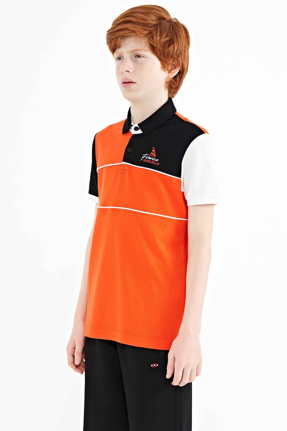 Orange Color Block Embroidered Letter Detailed Standard Pattern Polo Collar Boys T-Shirt - 11109