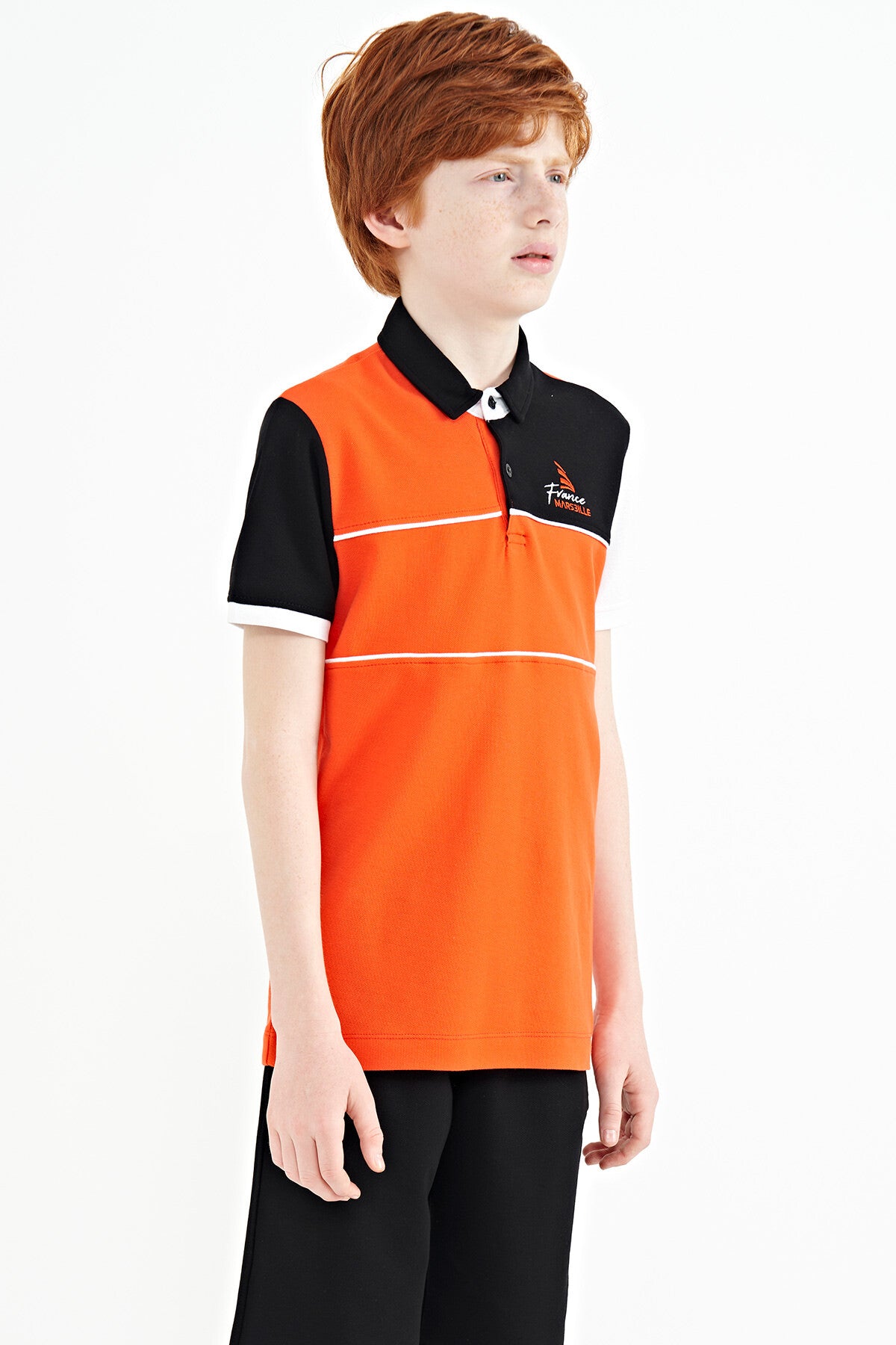 Orange Color Block Embroidered Letter Detailed Standard Pattern Polo Collar Boys T-Shirt - 11109