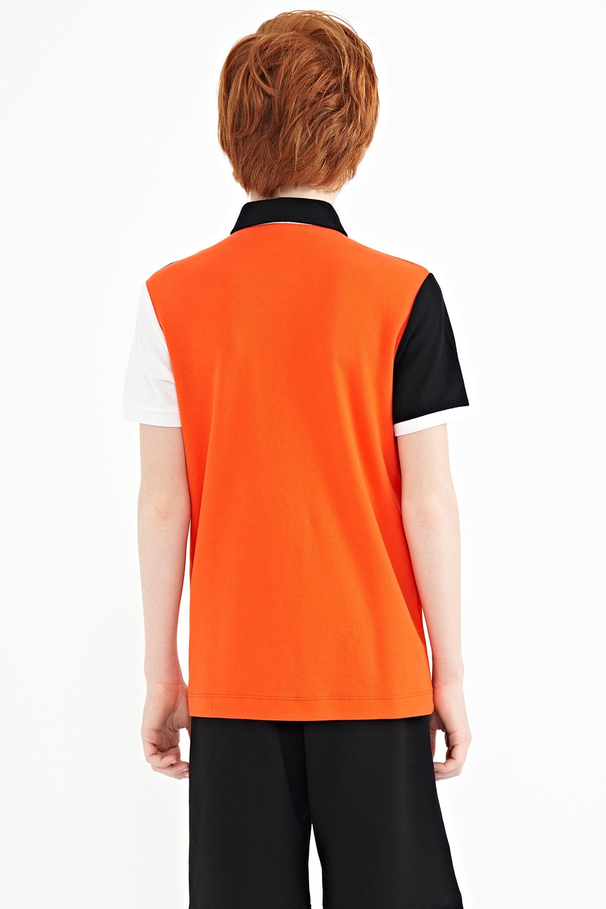 Orange Color Block Embroidered Letter Detailed Standard Pattern Polo Collar Boys T-Shirt - 11109