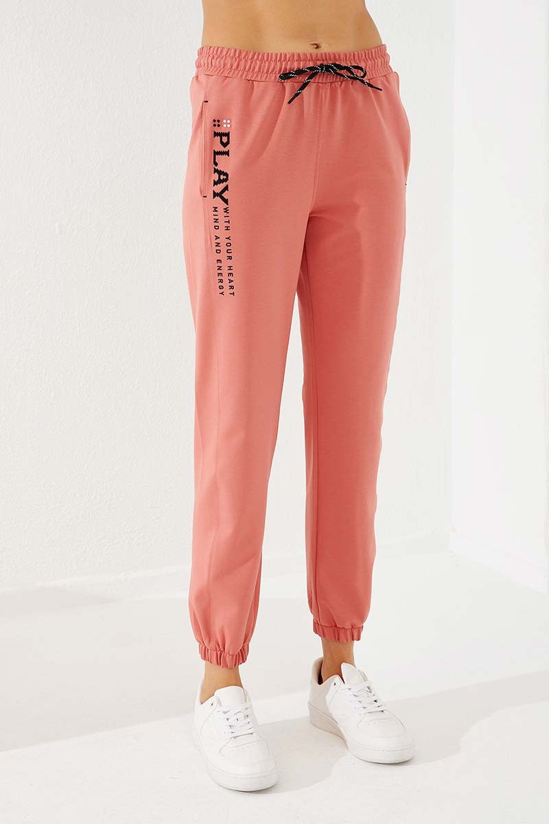 High Waist Embroidered Comfort Fit Elastic Cuff Women's Tracksuit Bottom - 94573