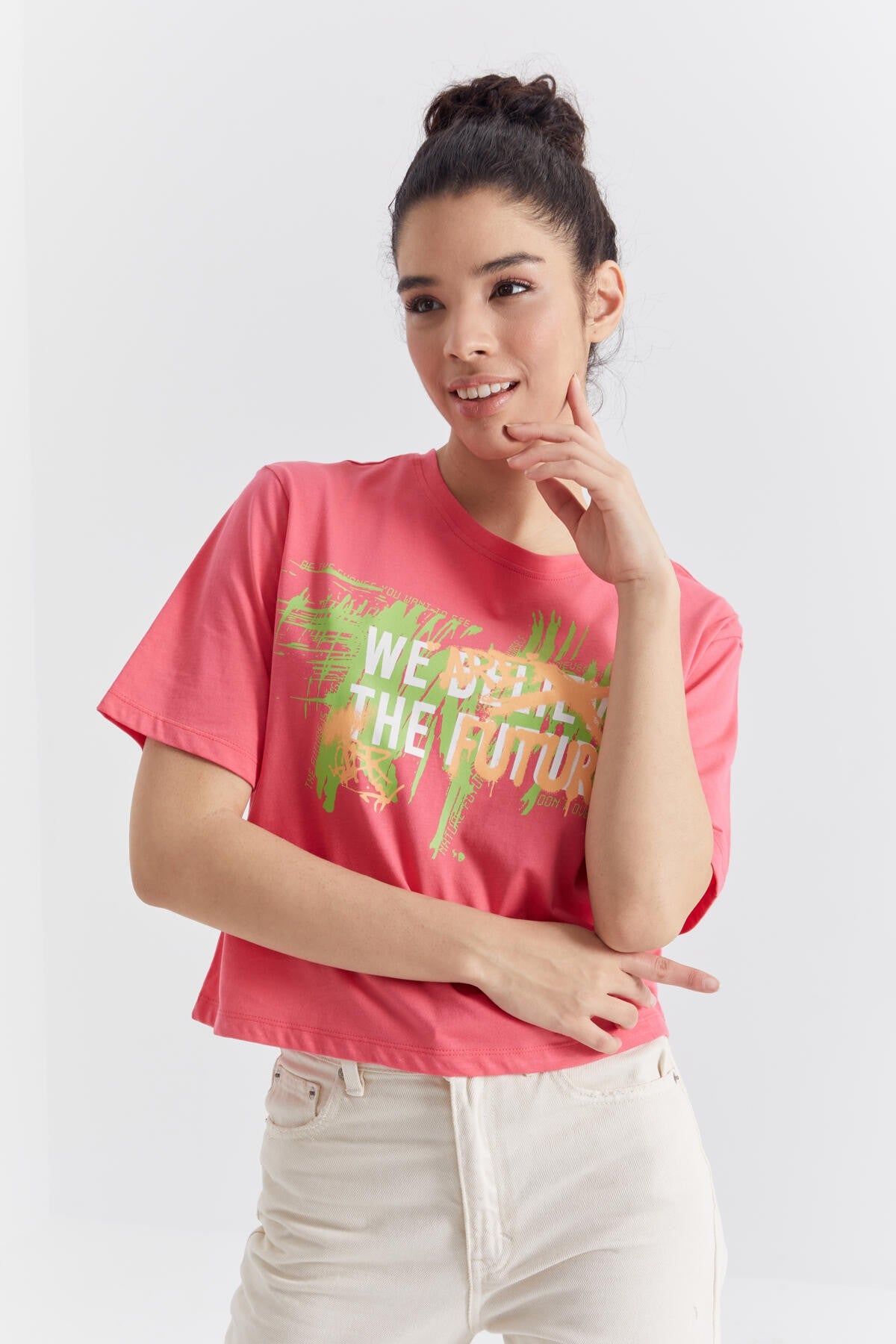 Rose Color Print O Collar Women's Oversize T-Shirt - 97212