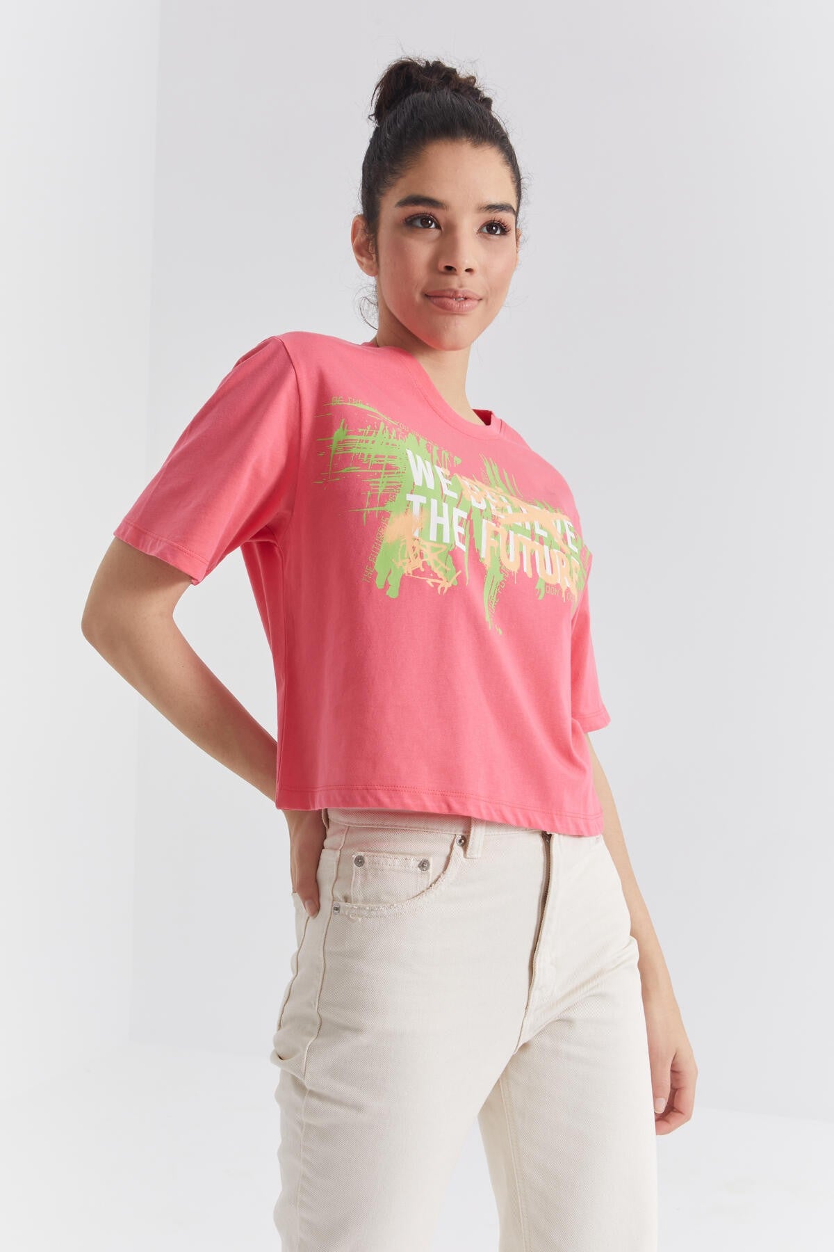 Rose Color Print O Collar Women's Oversize T-Shirt - 97212