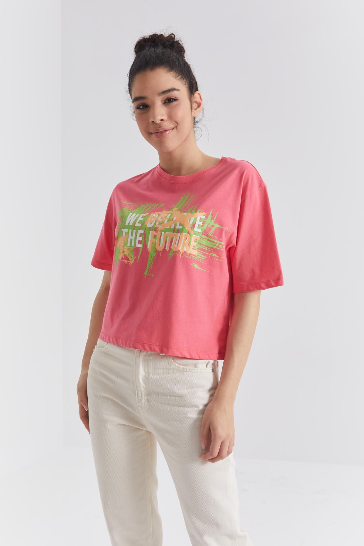 Rose Color Print O Collar Women's Oversize T-Shirt - 97212