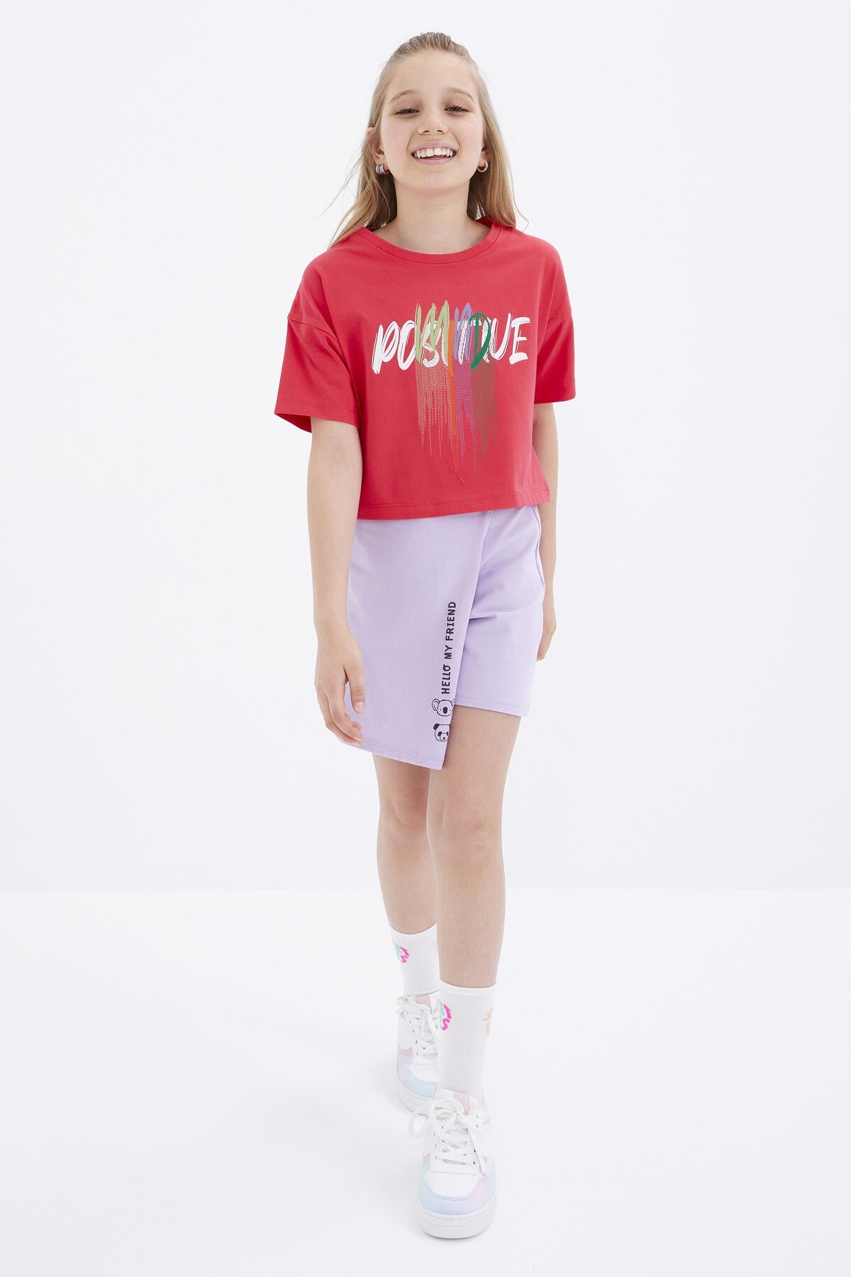 Rose Color Printed O Collar Oversize Drop Shoulder Girls Crop T-Shirt - 75036