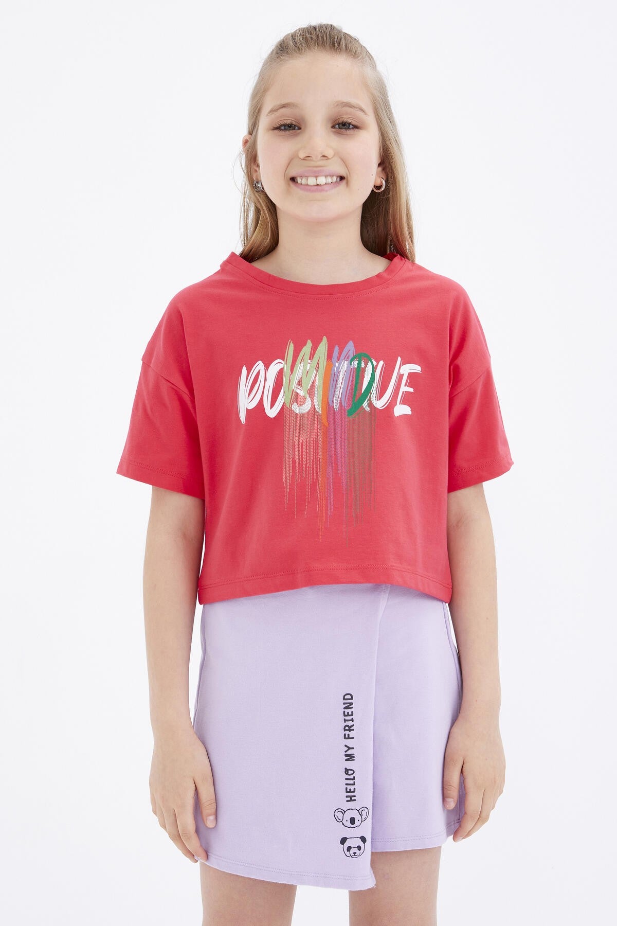 Rose Color Printed O Collar Oversize Drop Shoulder Girls Crop T-Shirt - 75036