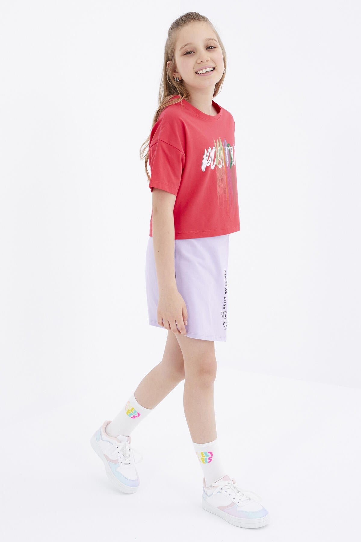 Rose Color Printed O Collar Oversize Drop Shoulder Girls Crop T-Shirt - 75036