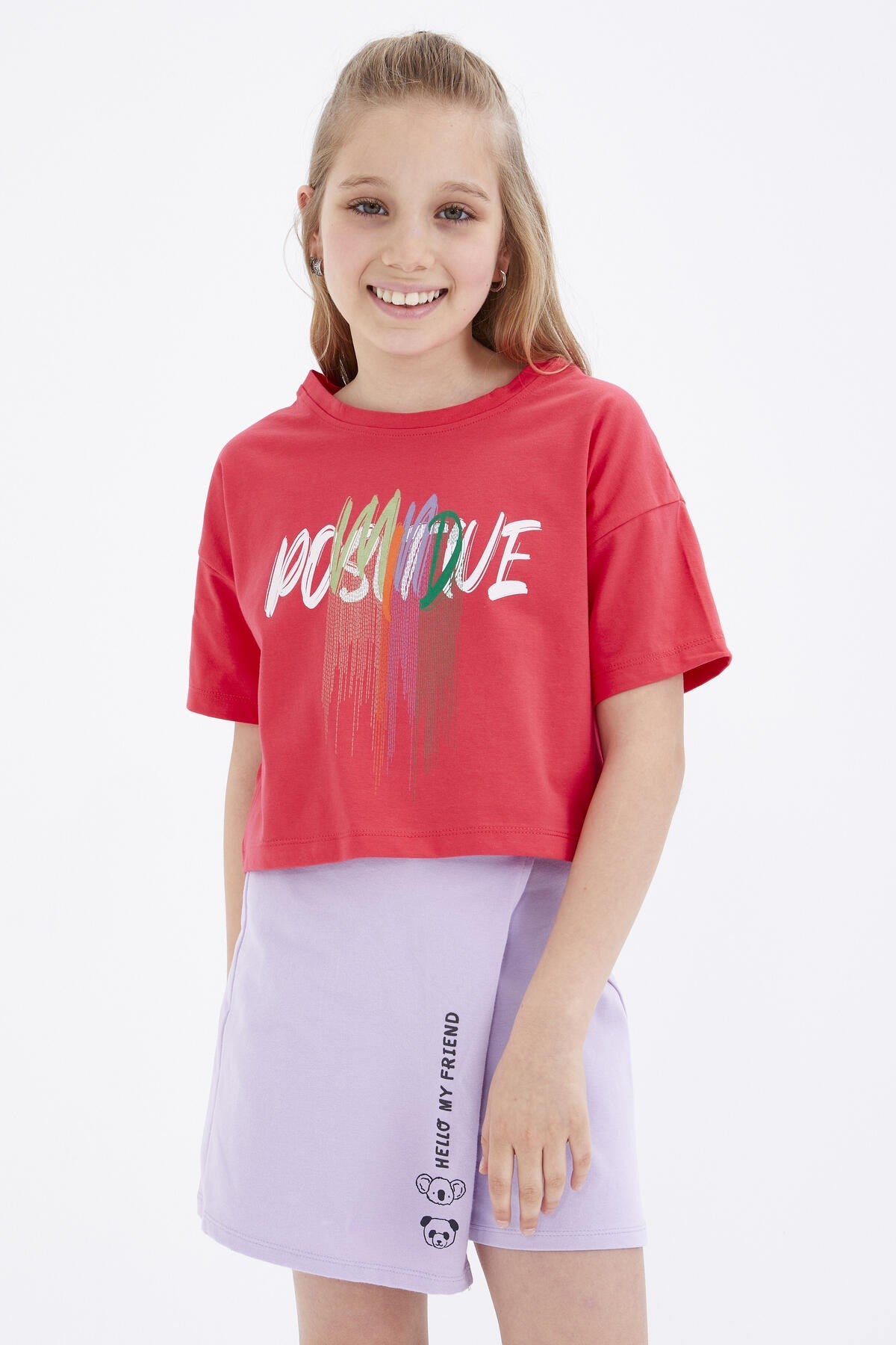 Rose Color Printed O Collar Oversize Drop Shoulder Girls Crop T-Shirt - 75036
