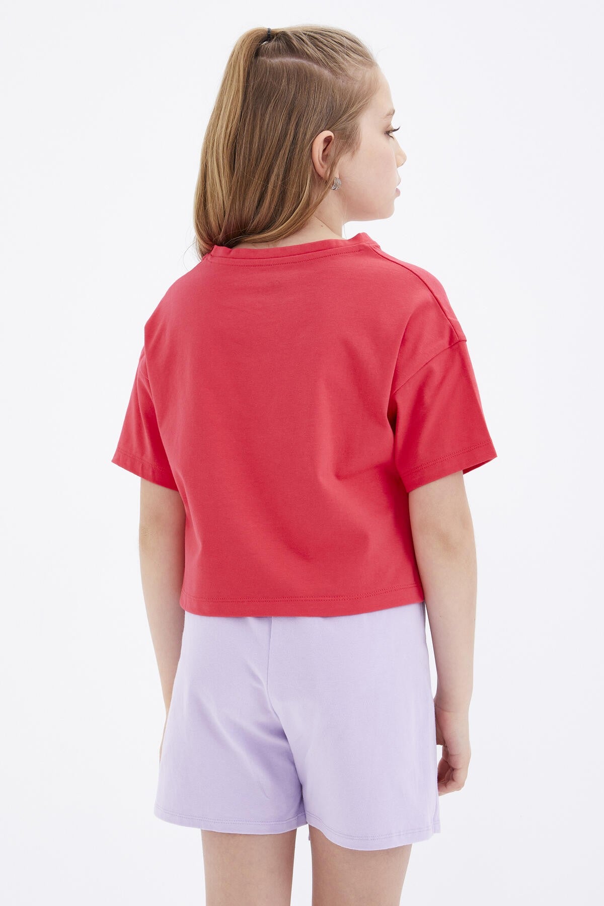 Rose Color Printed O Collar Oversize Drop Shoulder Girls Crop T-Shirt - 75036