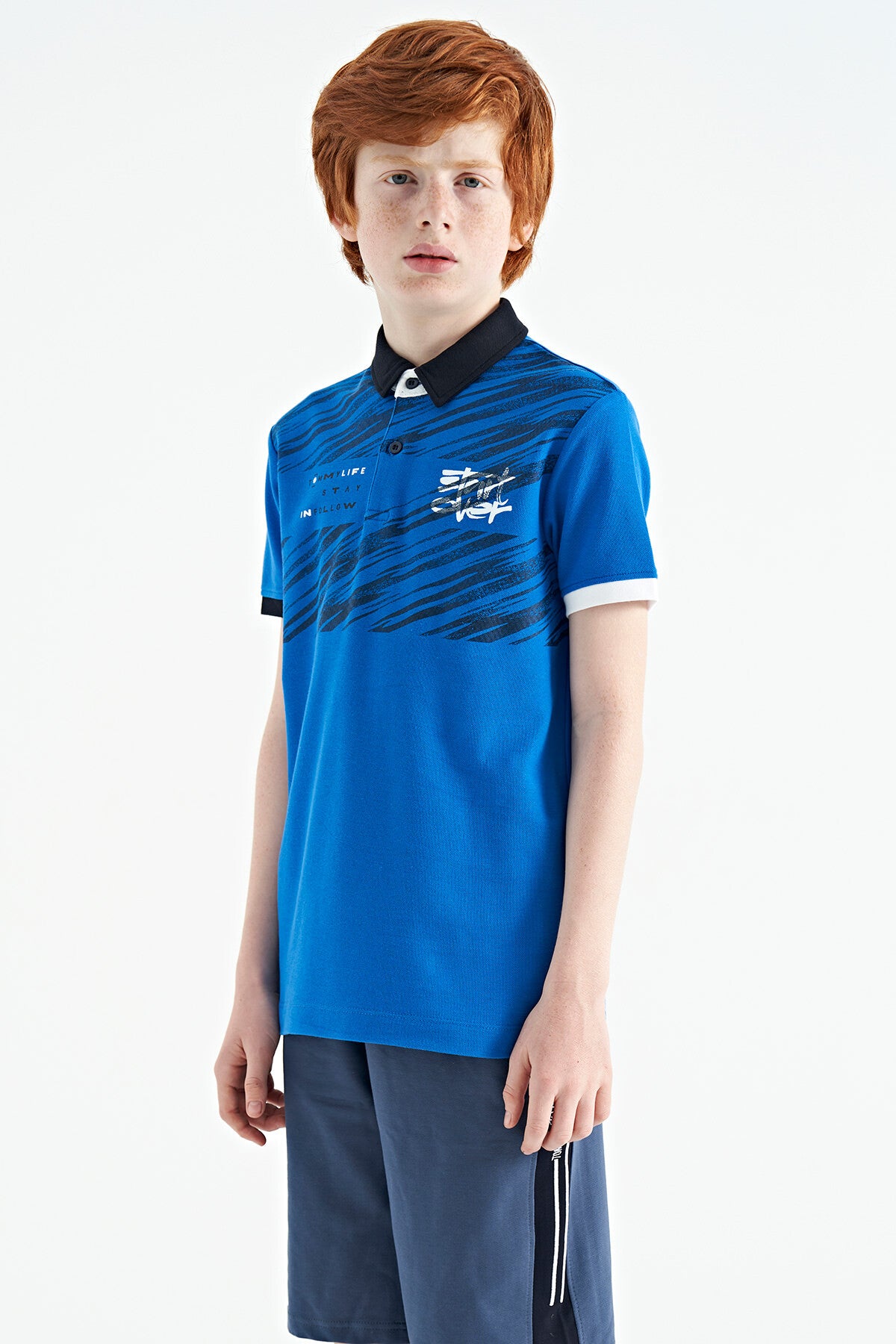 Printed Sash Detailed Polo Collar Standard Cut Boys' T-Shirt - 11161