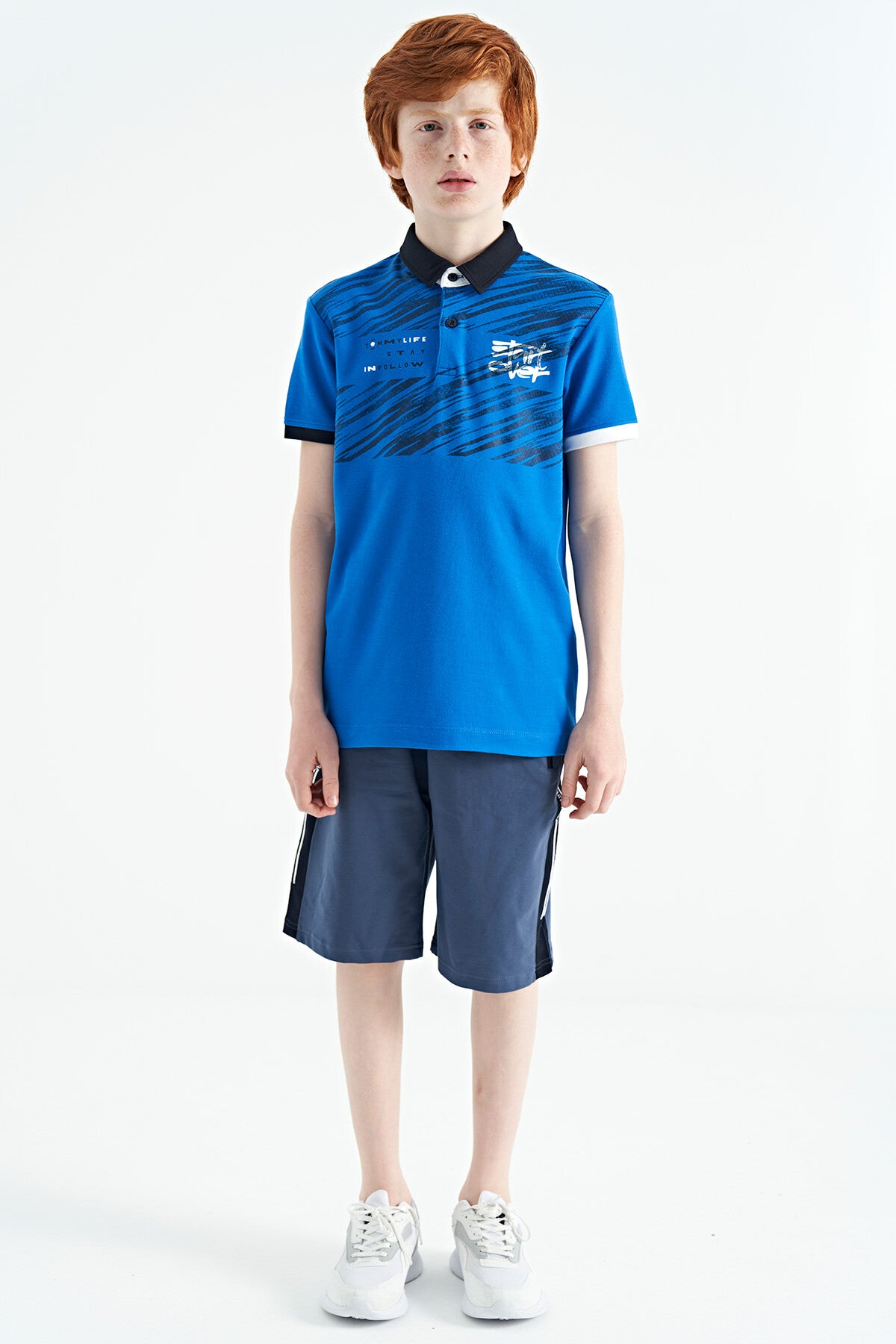 Printed Sash Detailed Polo Collar Standard Cut Boys' T-Shirt - 11161