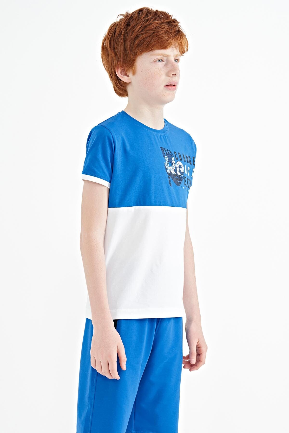 Printed Sleeve Detailed Color Block Standard Fit O Collar Boys T-Shirt - 11107