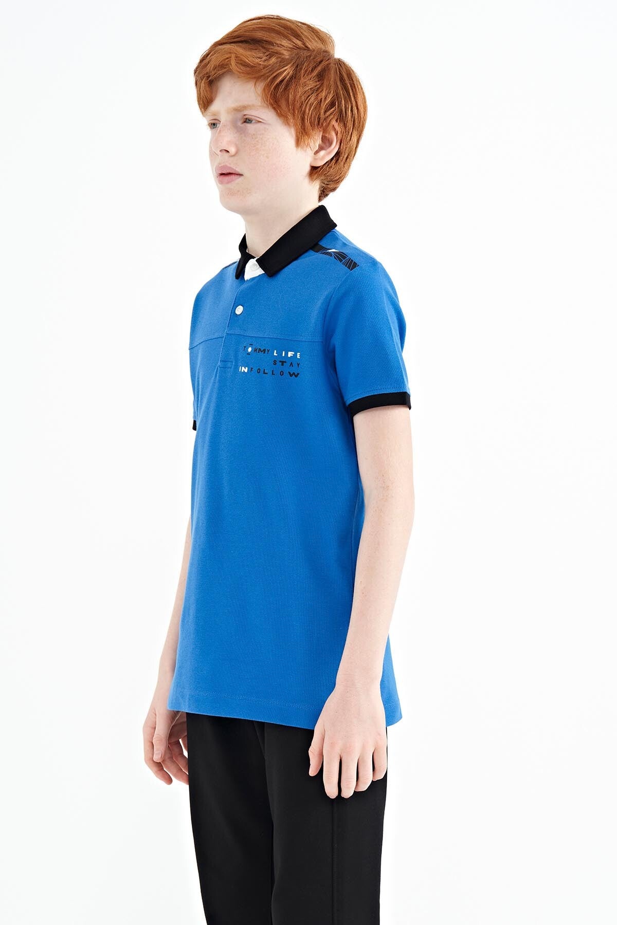 Printed Blue Detailed Standard Mold Polo Collar Boys T-Shirt - 11140