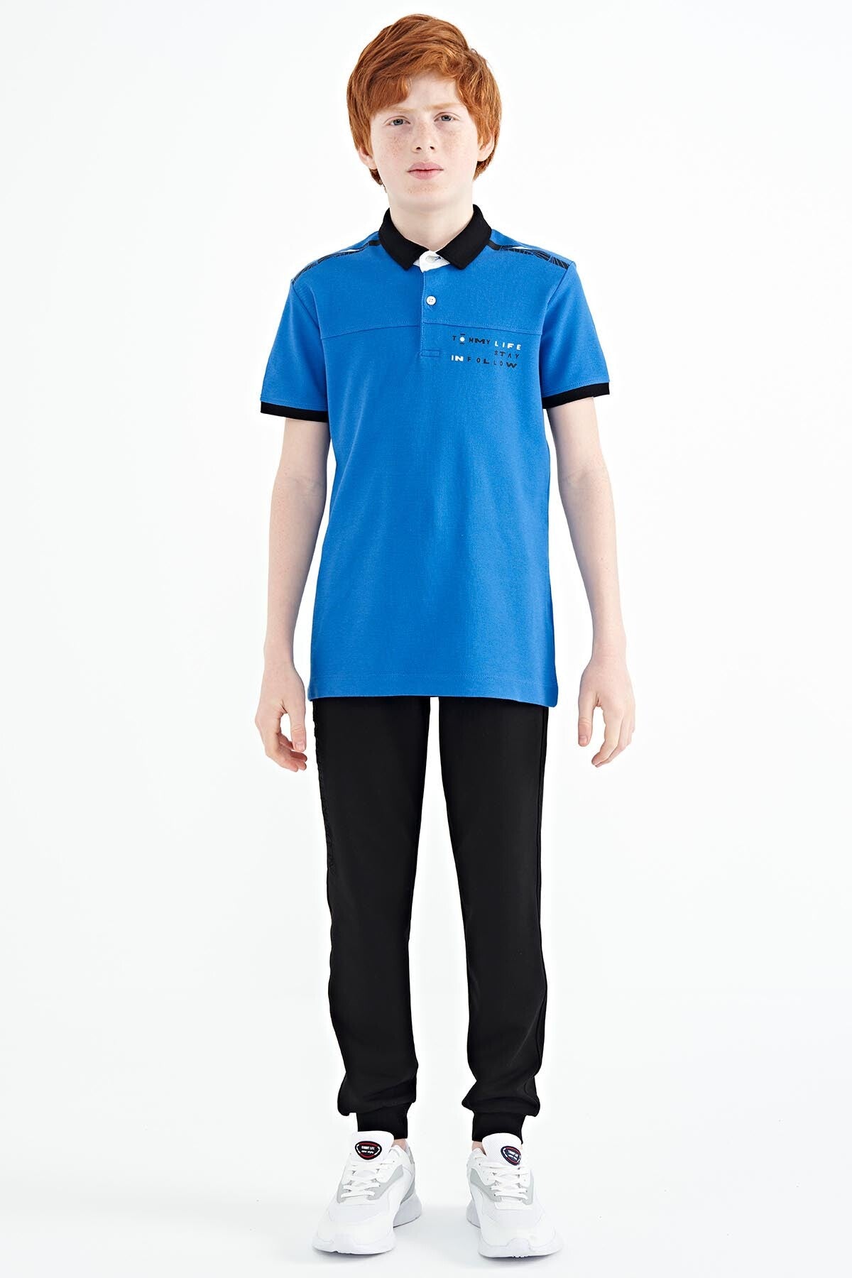 Printed Blue Detailed Standard Mold Polo Collar Boys T-Shirt - 11140