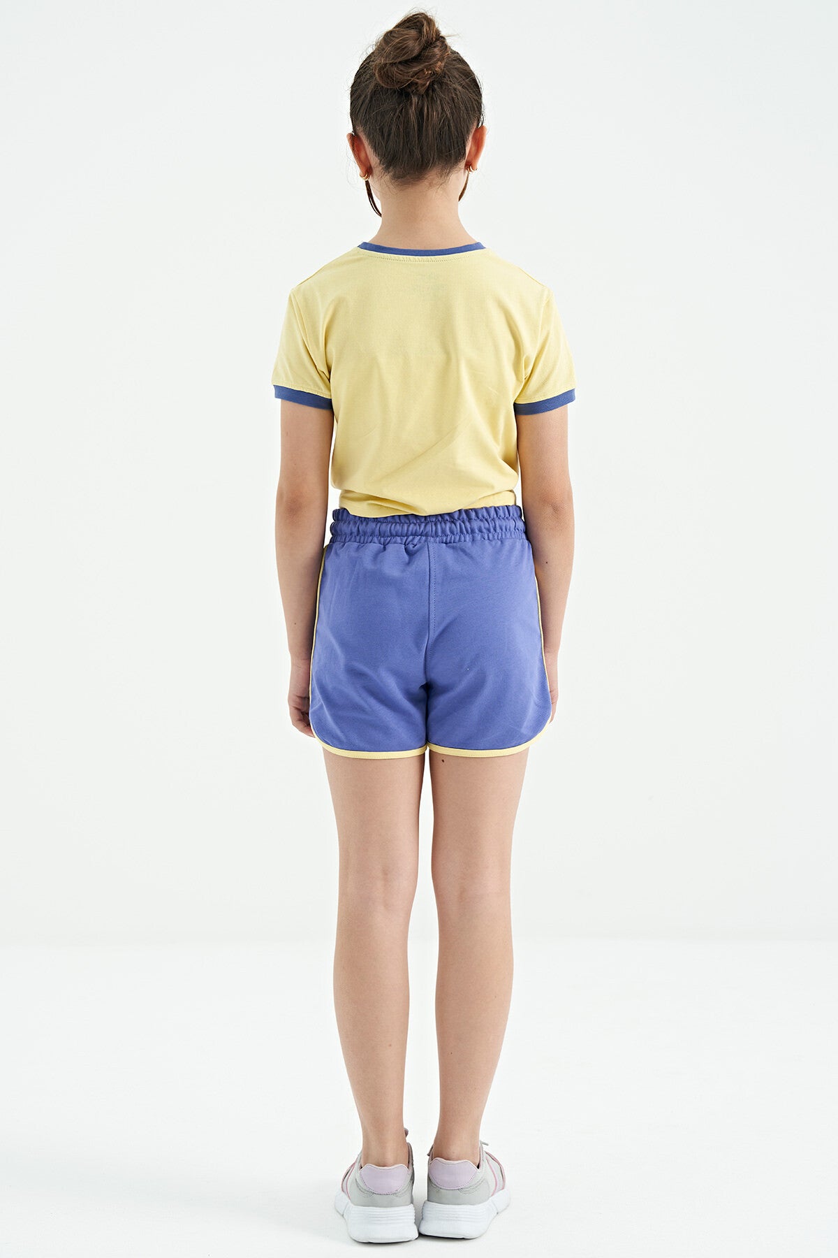 Yellow - Light Lavender O Collar Printed Knot Detailed Relax Fit Girl's Shorts Set - 75132