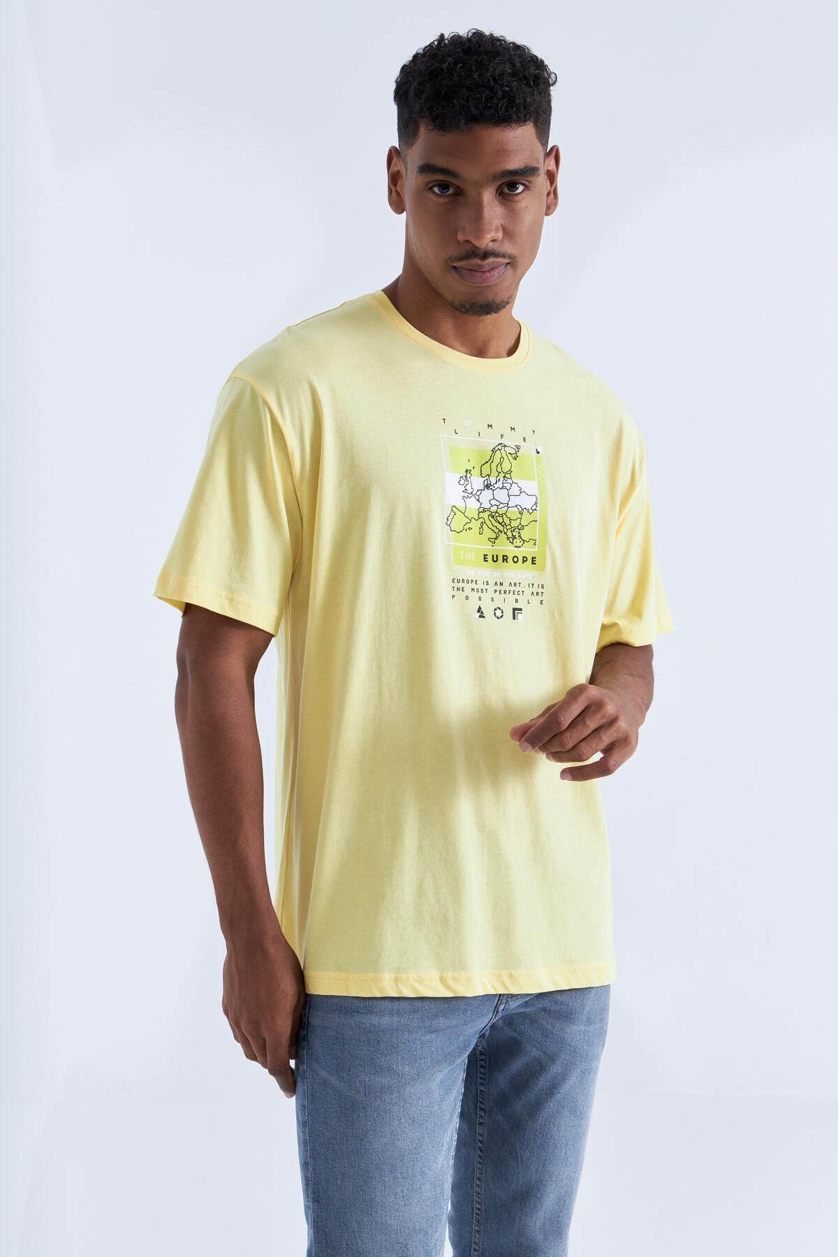 Yellow Print Detailed O Collar Men's Oversize T-Shirt - 88094