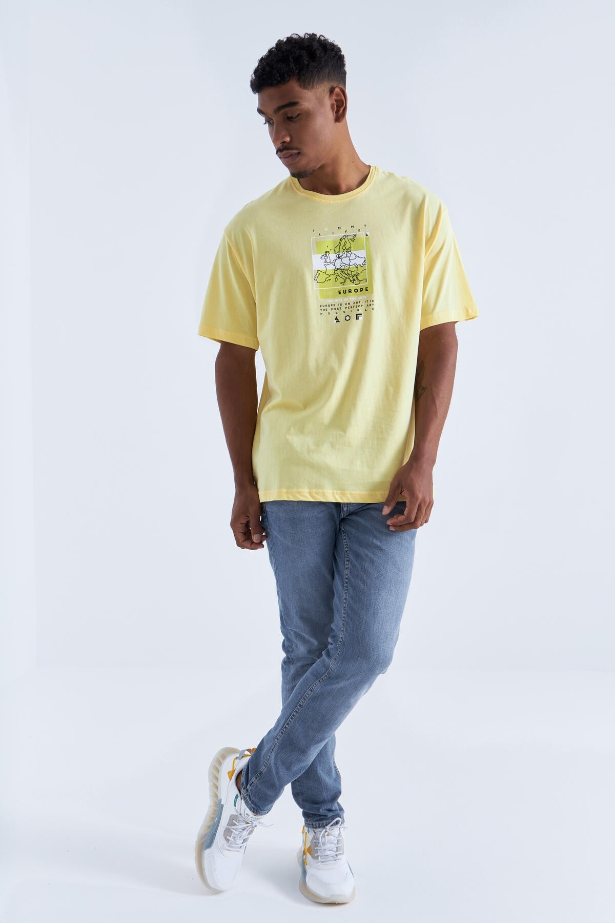 Yellow Print Detailed O Collar Men's Oversize T-Shirt - 88094