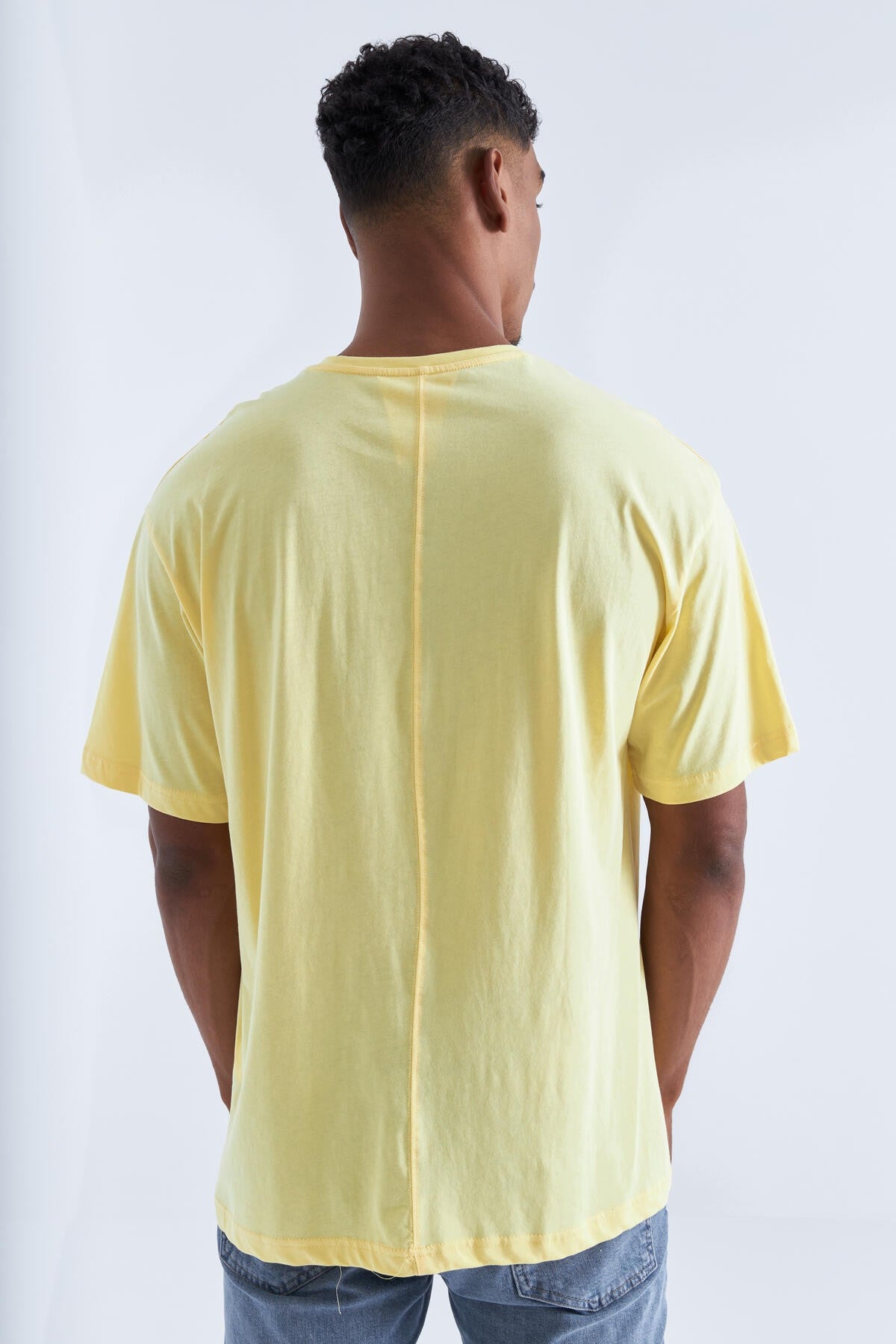 Yellow Print Detailed O Collar Men's Oversize T-Shirt - 88094