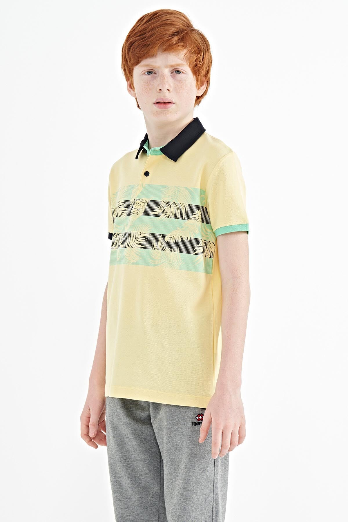 Yellow Print Detailed Standard Mold Polo Collar Boys T-Shirt - 11101