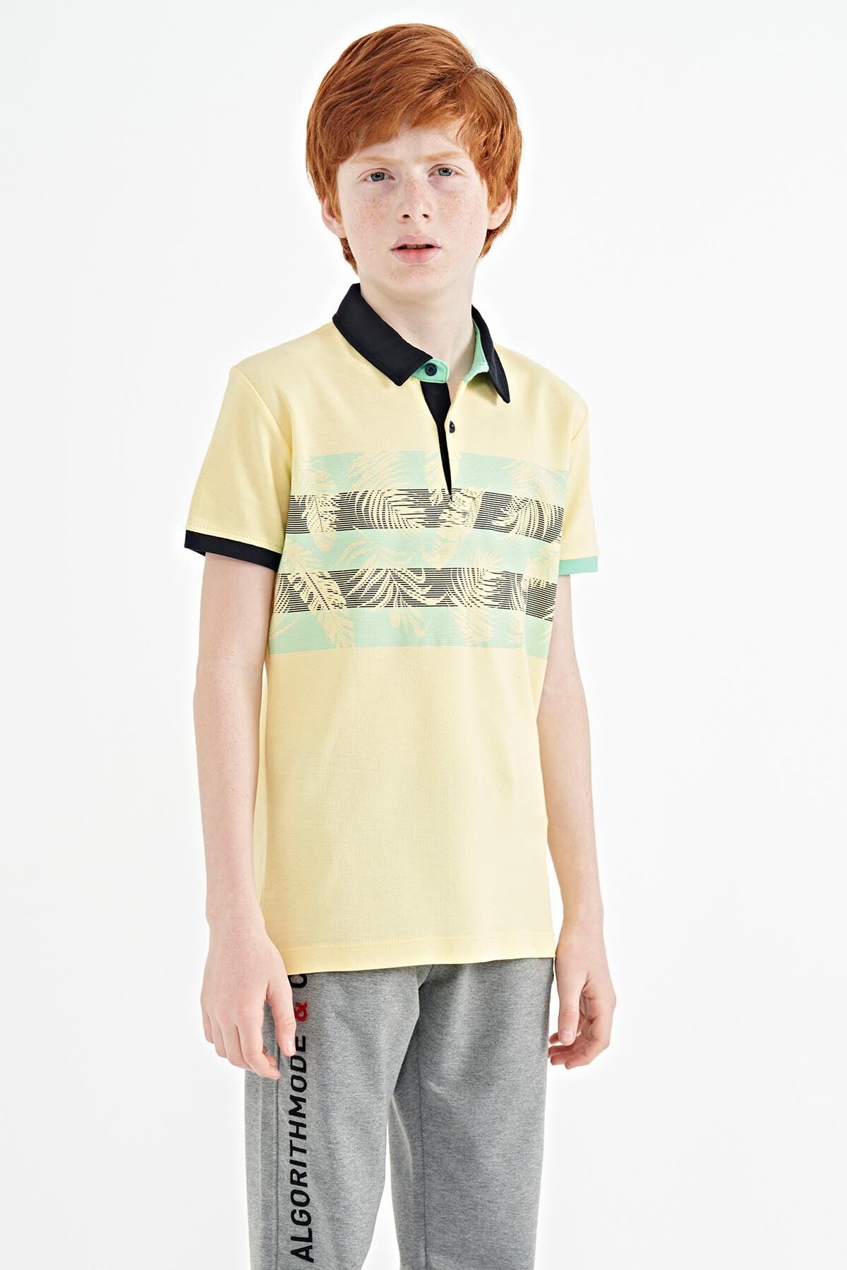 Yellow Print Detailed Standard Mold Polo Collar Boys T-Shirt - 11101