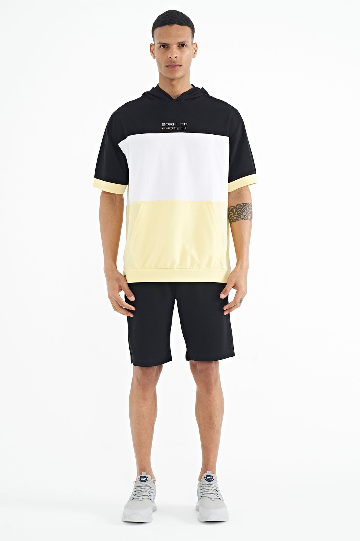 Yellow Hooded Print Detailed Oversize Men's T-shirt - 88191