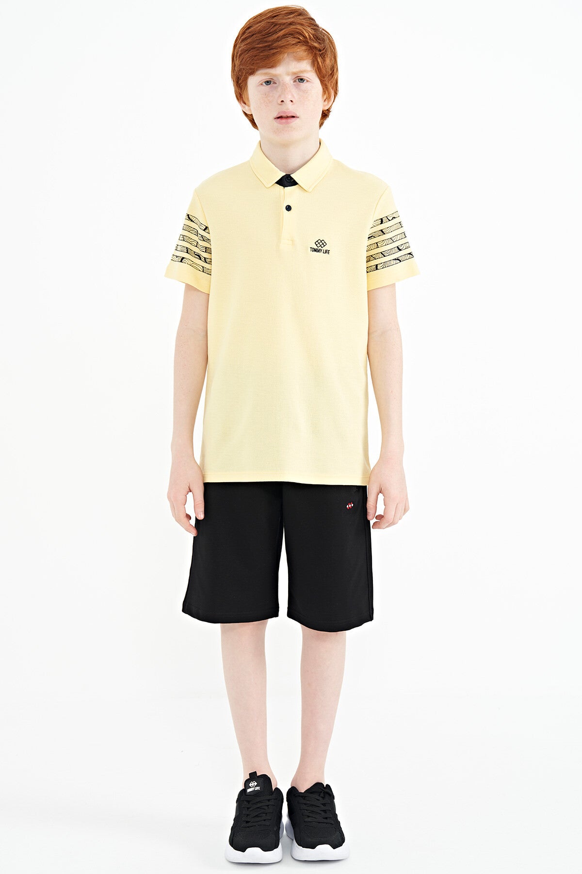 Standard Mold Polo Collar Detailed Sleeve Print Boys' T-Shirt - 11093