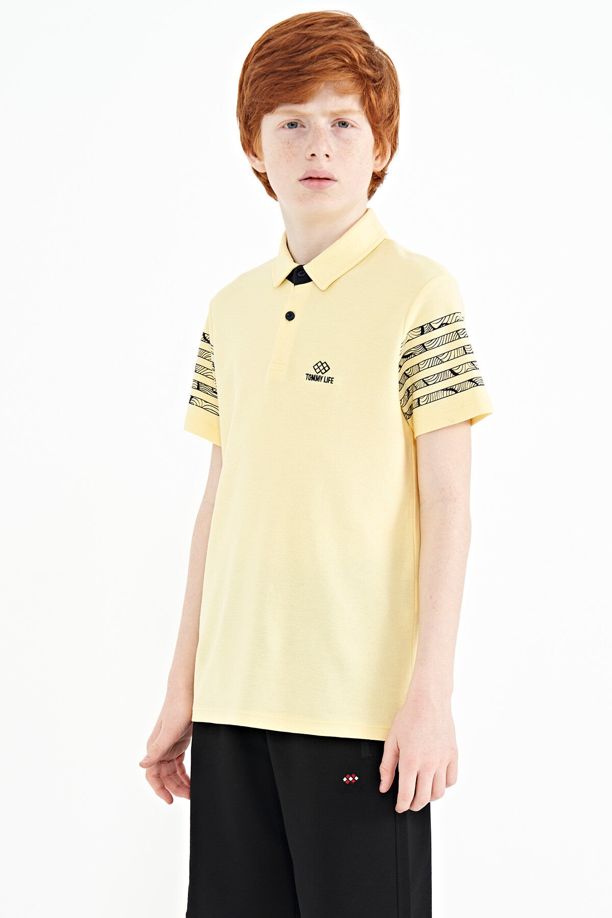 Standard Mold Polo Collar Detailed Sleeve Print Boys' T-Shirt - 11093
