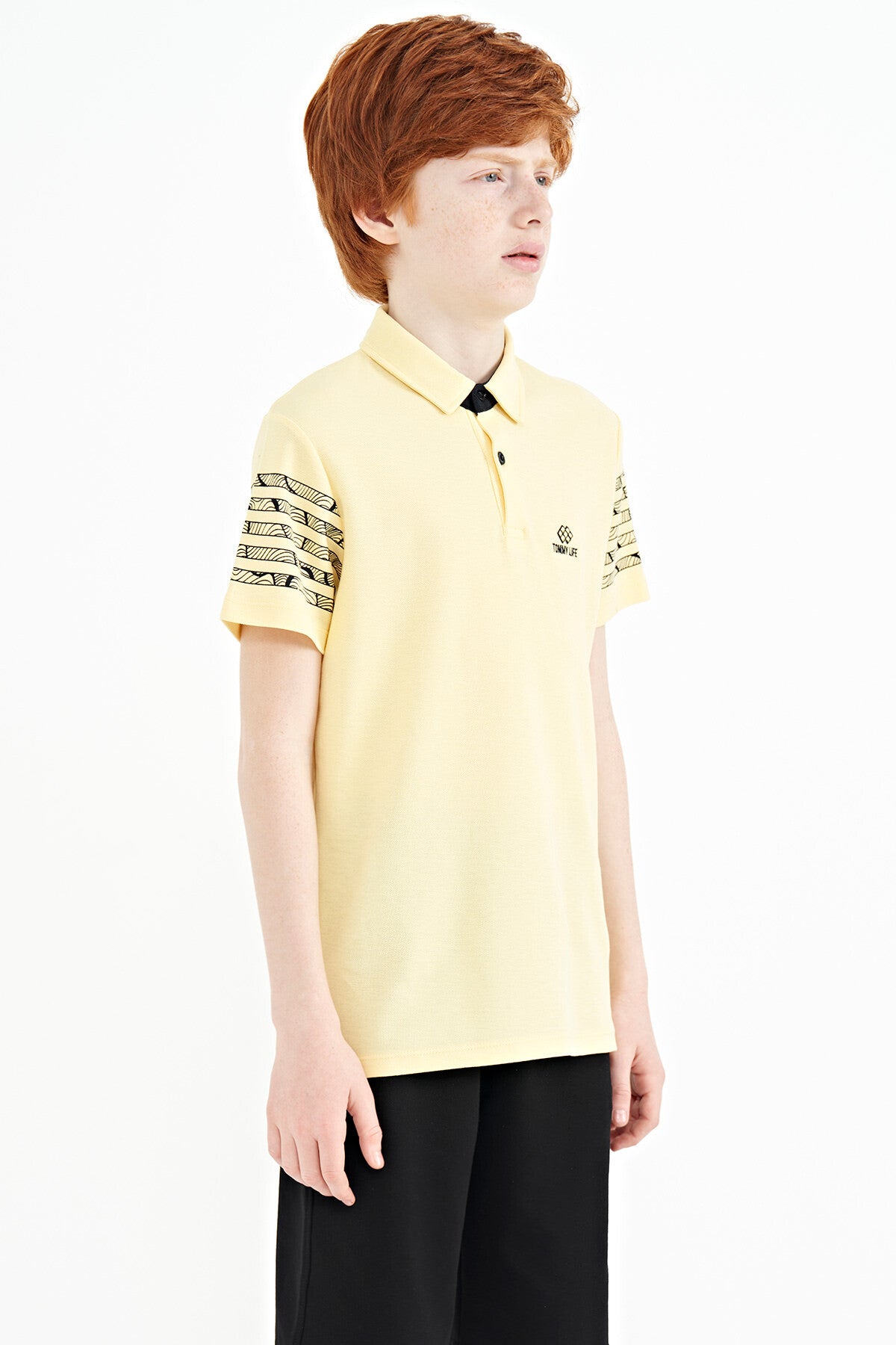 Standard Mold Polo Collar Detailed Sleeve Print Boys' T-Shirt - 11093