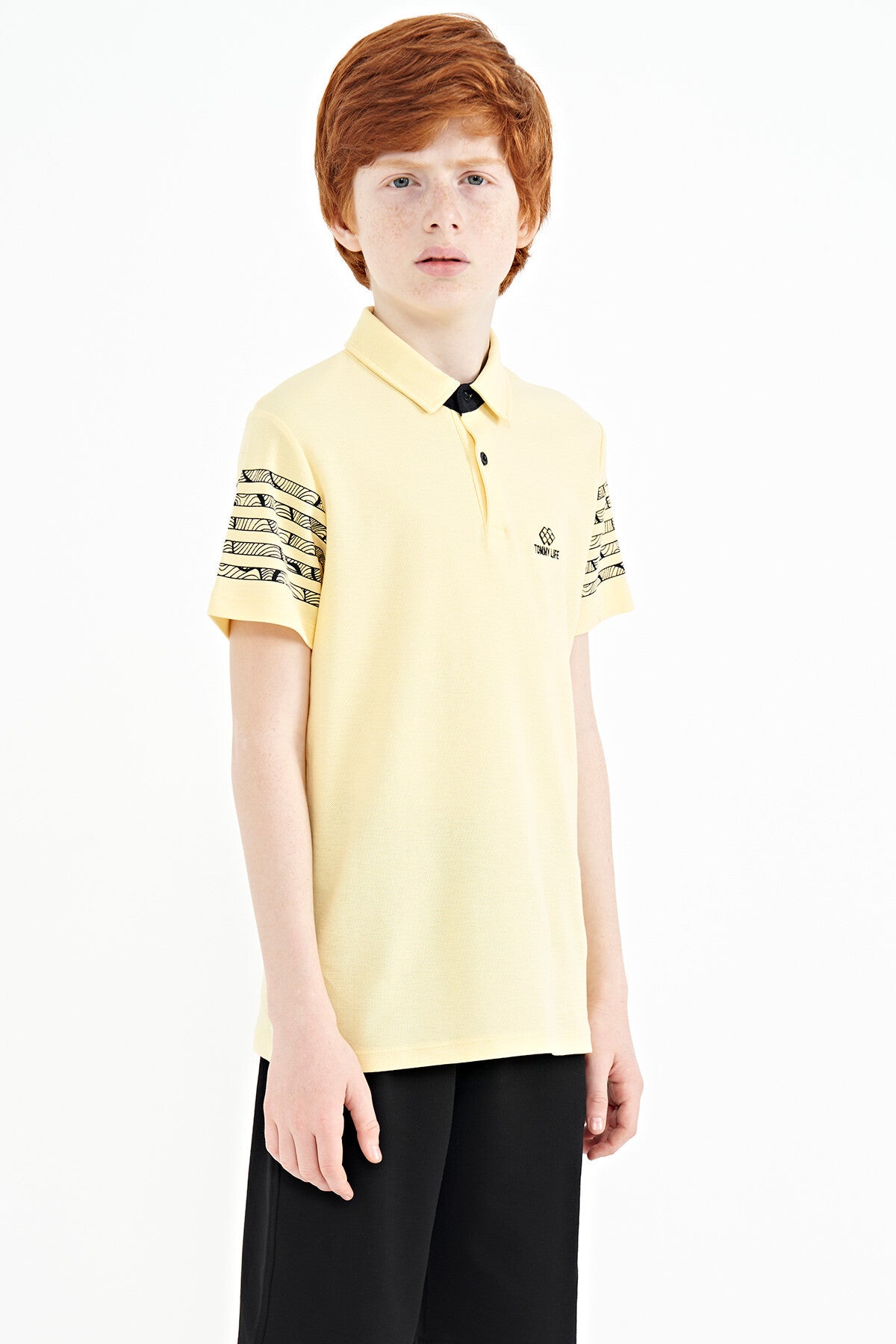 Standard Mold Polo Collar Detailed Sleeve Print Boys' T-Shirt - 11093