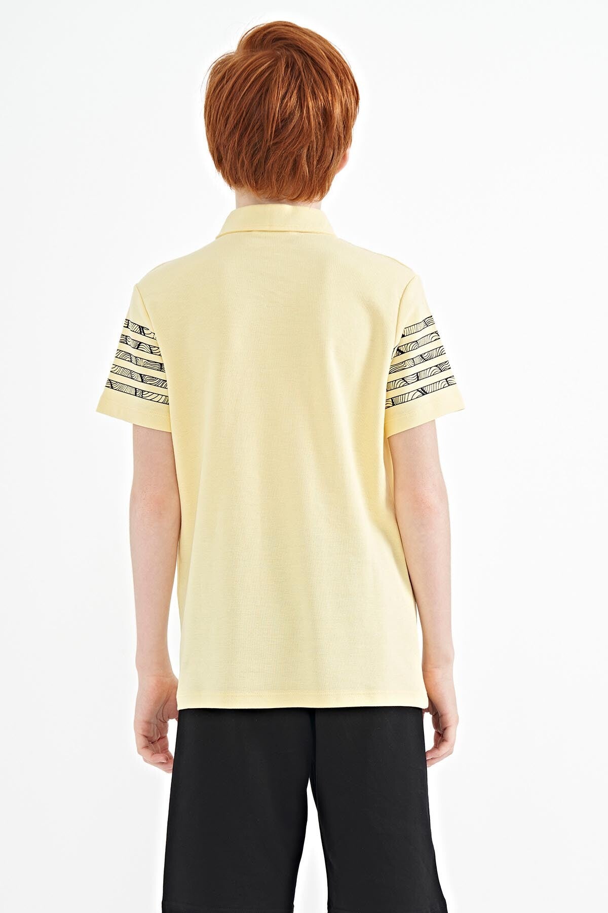 Standard Mold Polo Collar Detailed Sleeve Print Boys' T-Shirt - 11093