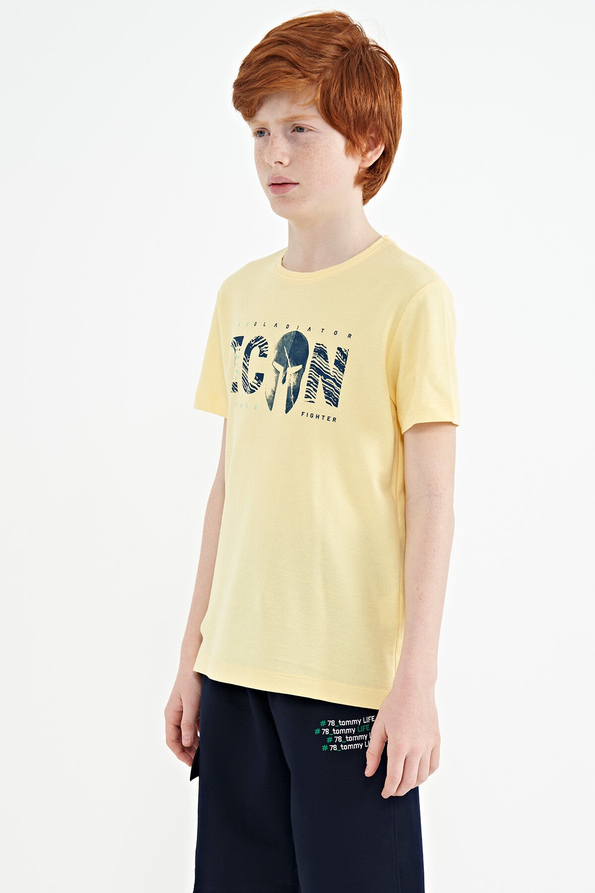 Yellow Front Embroidered O Collar Standard Fit Boys' T-Shirt - 11118