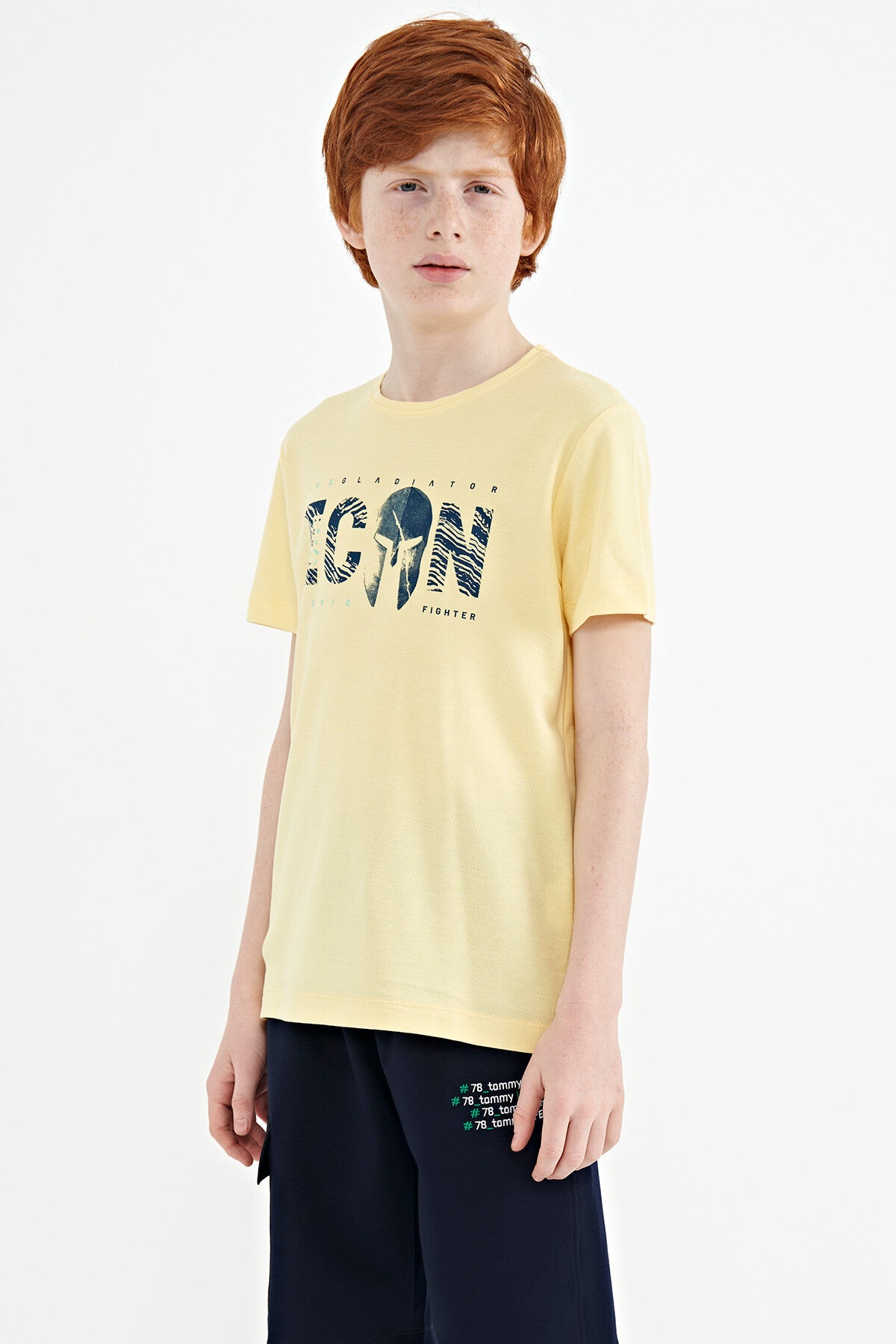 Yellow Front Embroidered O Collar Standard Fit Boys' T-Shirt - 11118