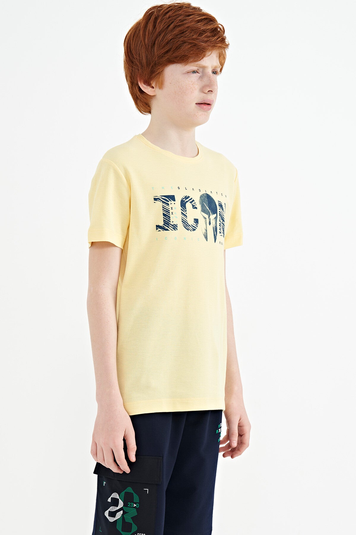 Yellow Front Embroidered O Collar Standard Fit Boys' T-Shirt - 11118