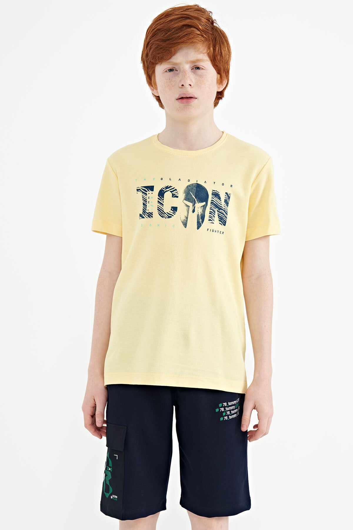 Yellow Front Embroidered O Collar Standard Fit Boys' T-Shirt - 11118