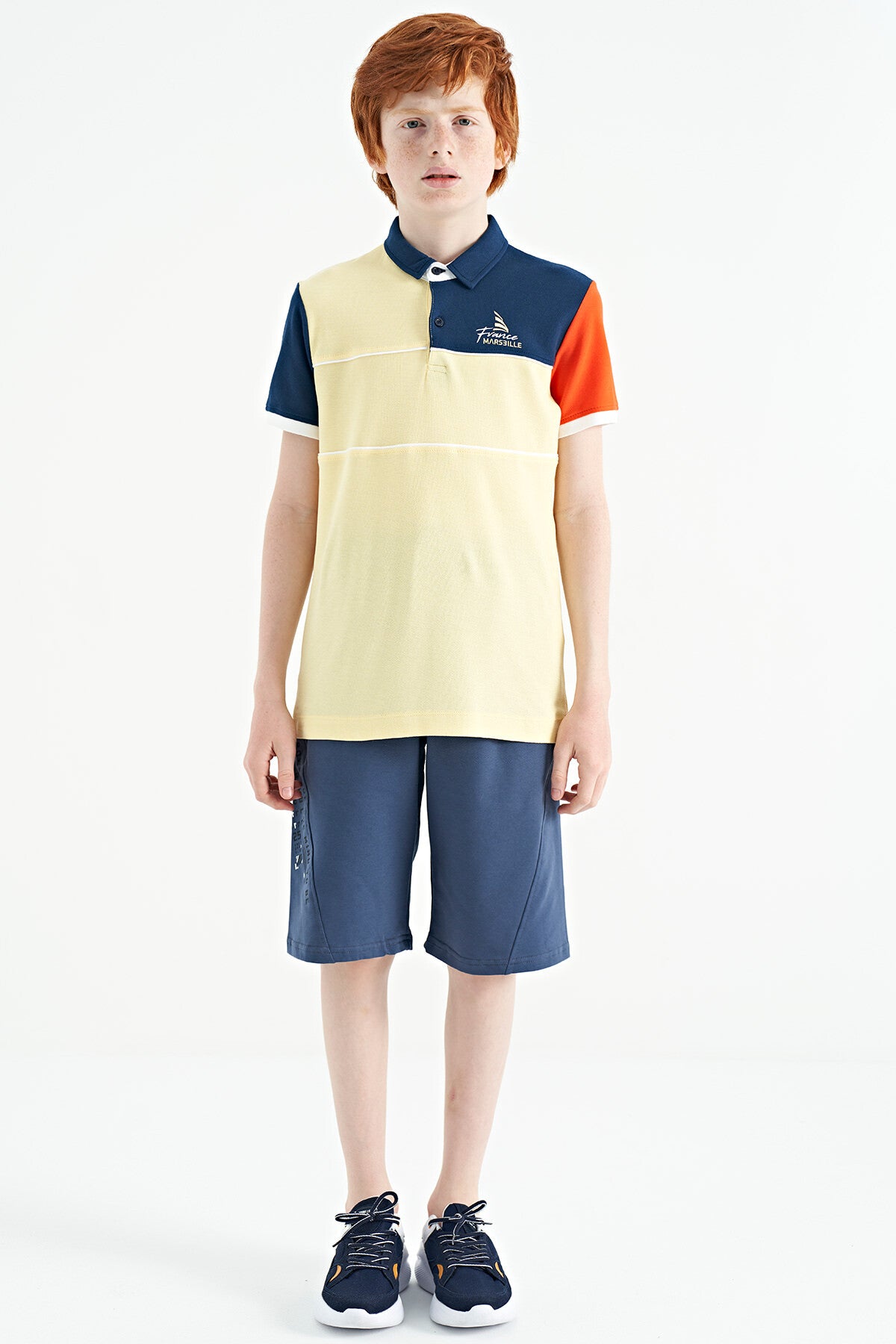Yellow Color Block Embroidered Letter Detailed Standard Pattern Polo Collar Boys T-Shirt - 11109