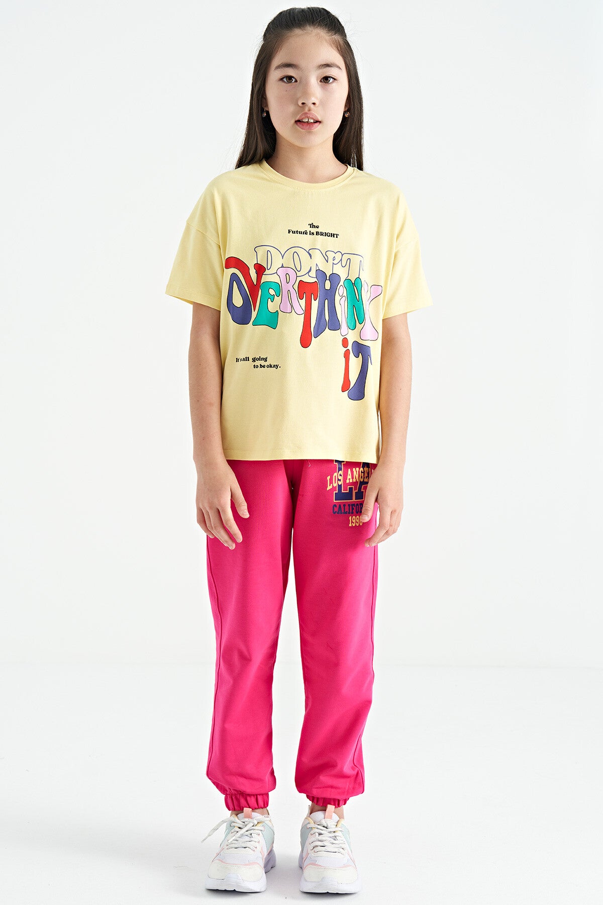 Yellow Printed Letter O Collar Oversize Short Sleeve Girl's T-Shirt - 75112