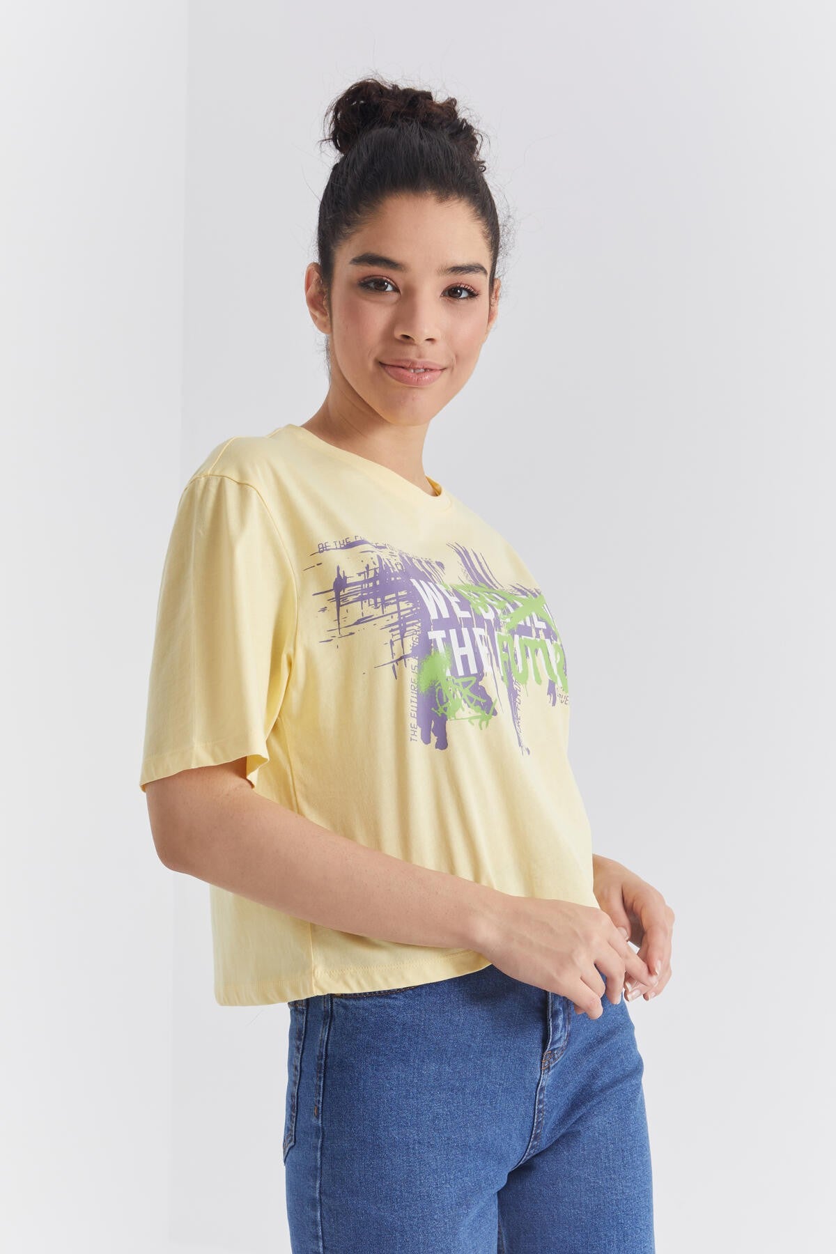 Yellow Printed Letter O Collar Women's Oversize T-Shirt - 97212
