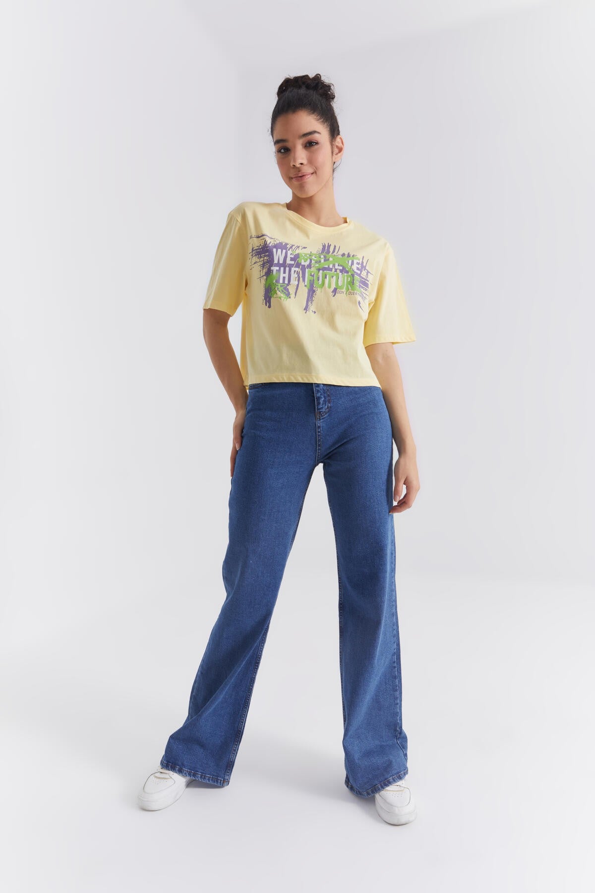 Yellow Printed Letter O Collar Women's Oversize T-Shirt - 97212