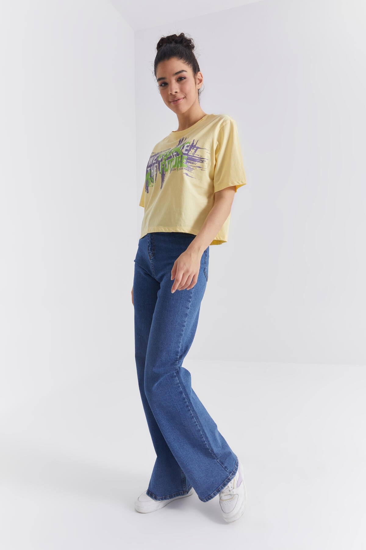 Yellow Printed Letter O Collar Women's Oversize T-Shirt - 97212