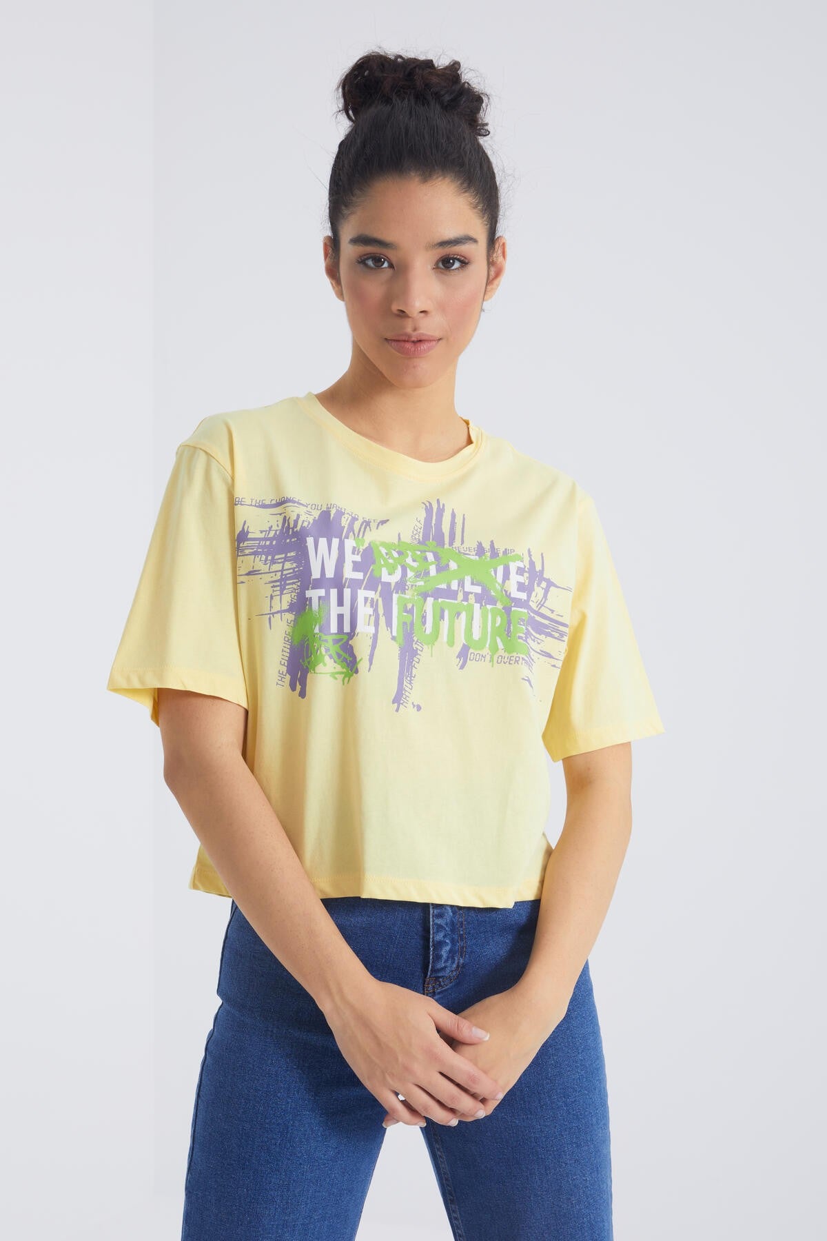 Yellow Printed Letter O Collar Women's Oversize T-Shirt - 97212