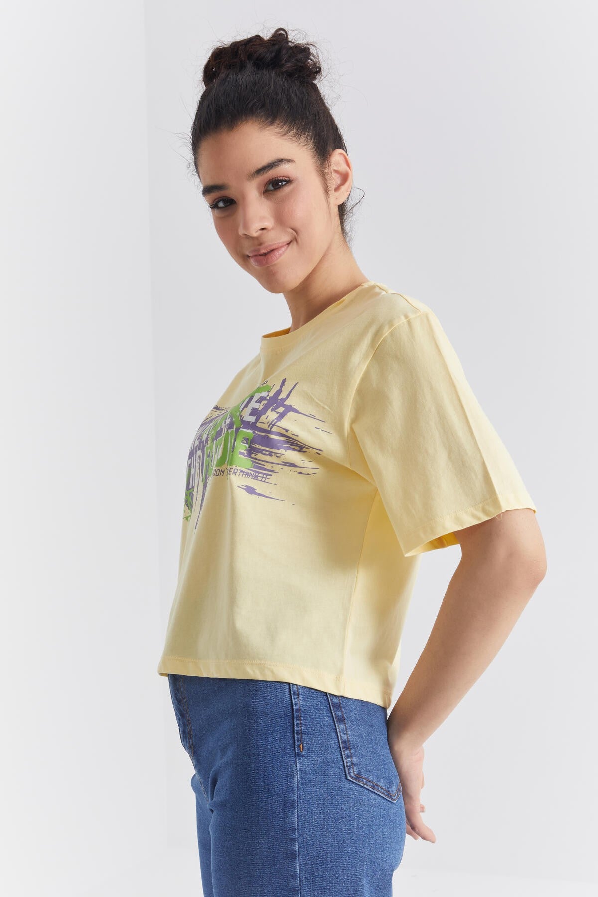 Yellow Printed Letter O Collar Women's Oversize T-Shirt - 97212