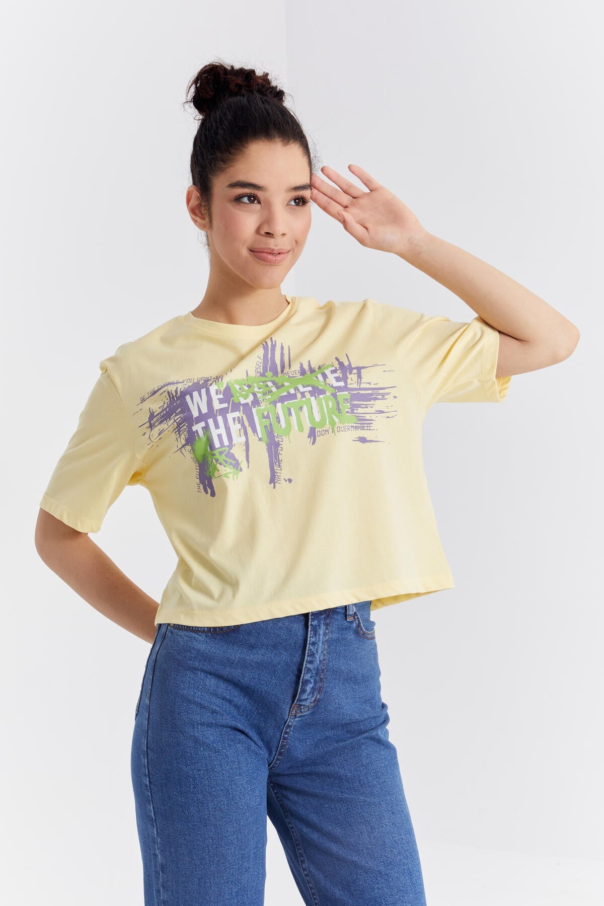 Yellow Printed Letter O Collar Women's Oversize T-Shirt - 97212