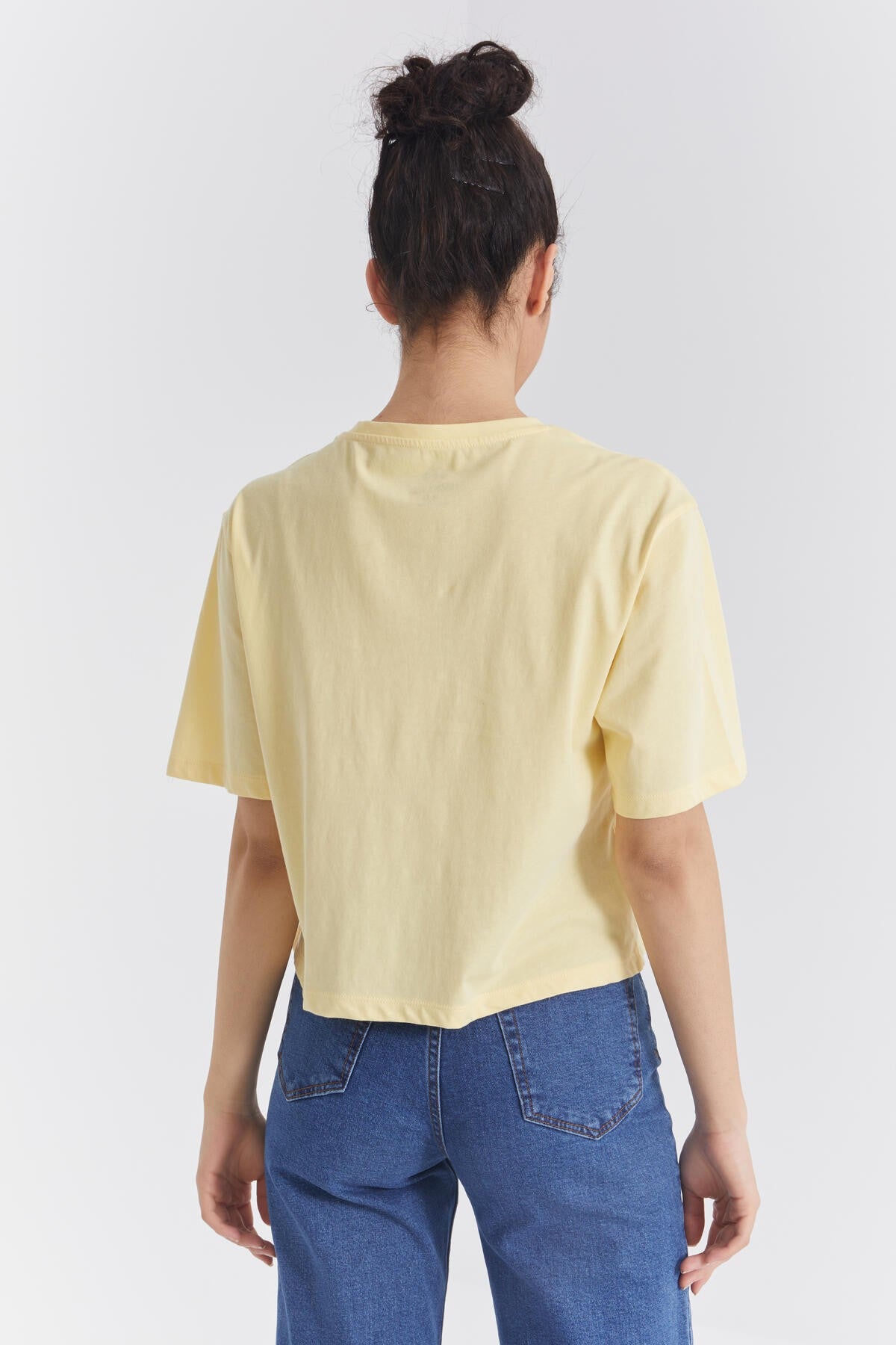 Yellow Printed Letter O Collar Women's Oversize T-Shirt - 97212