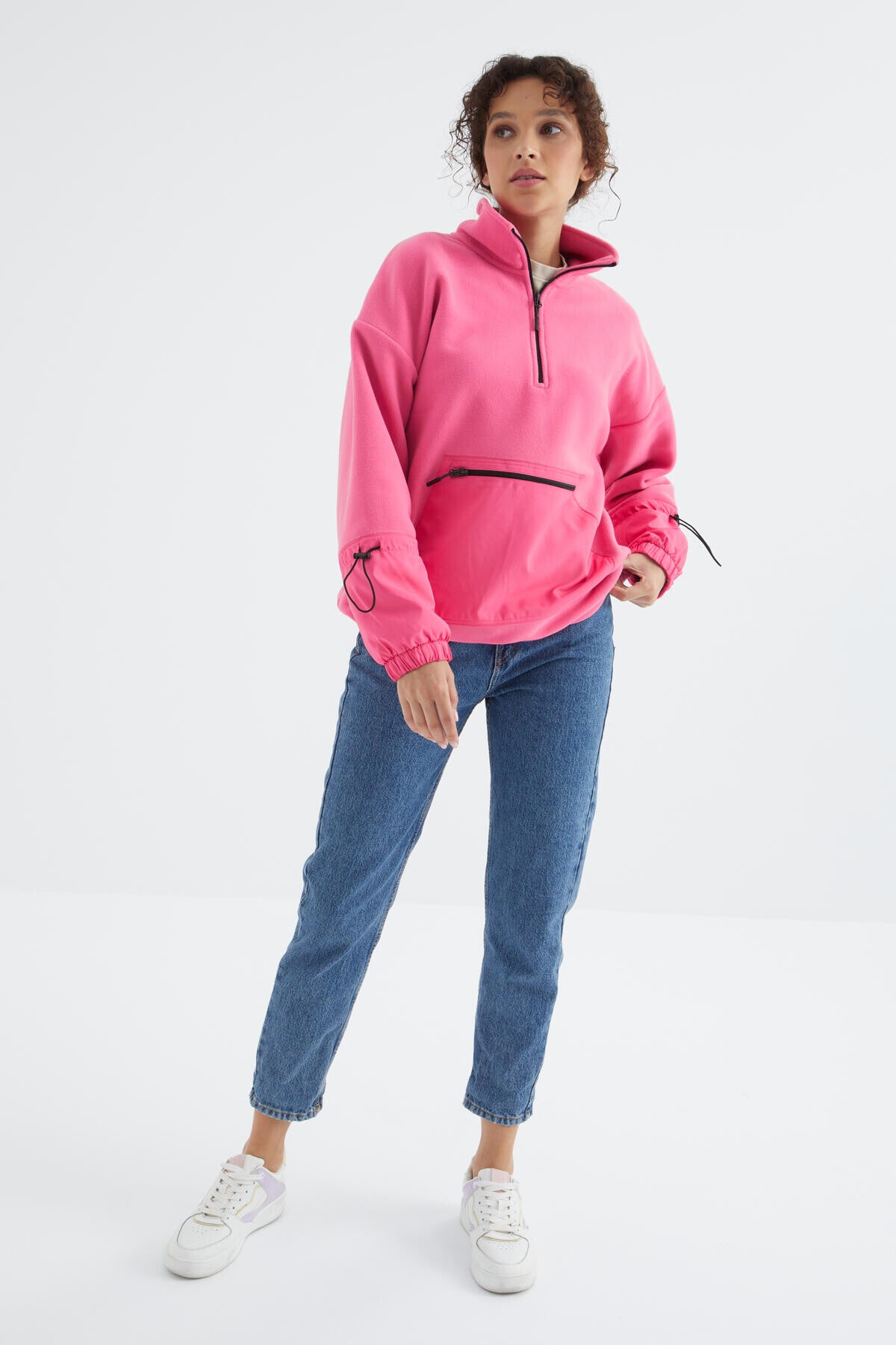 Pink Sugar Skirt with Gathered Hem Half-Zip Oversize Women's Fleece Sweatshirt - 97238