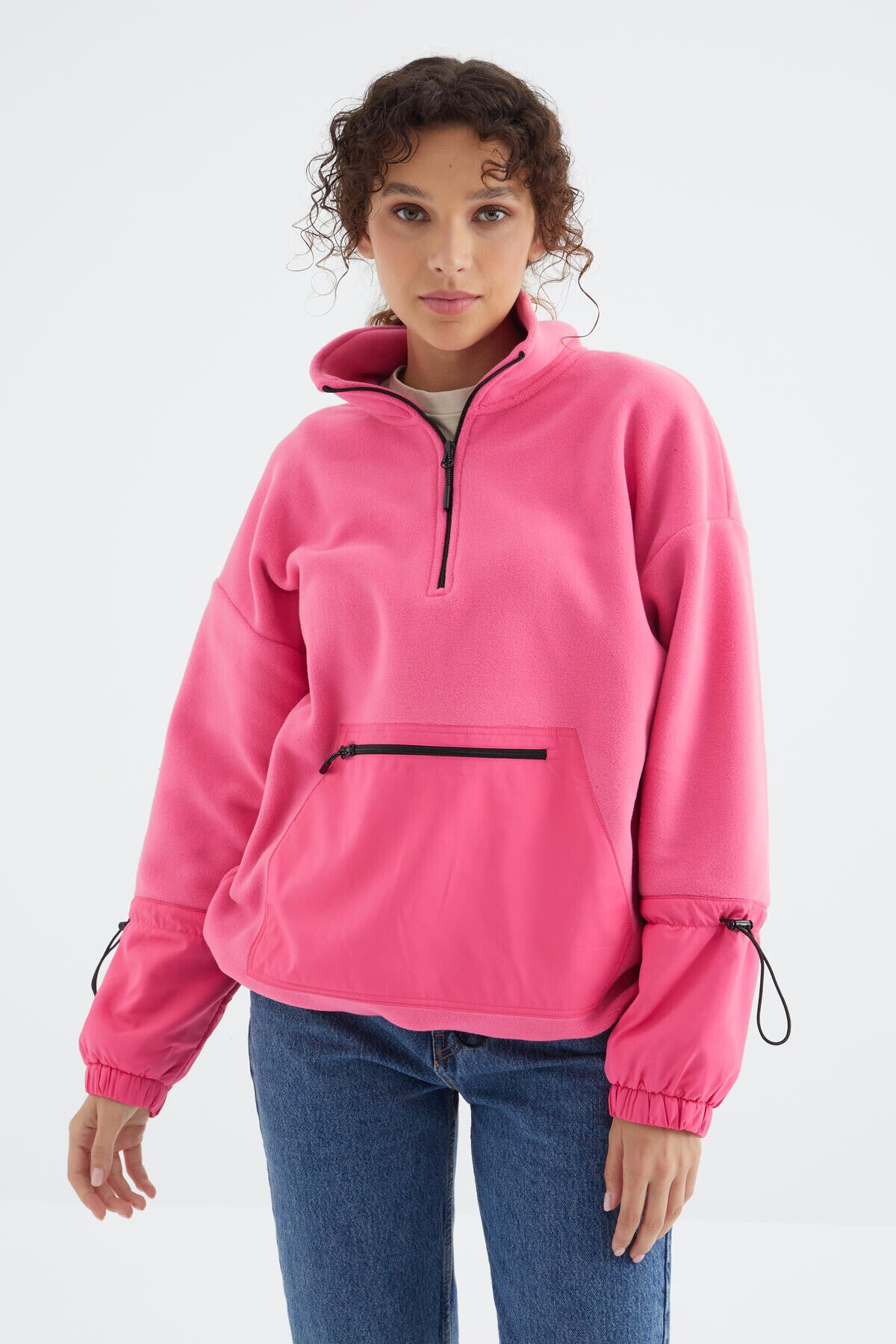 Pink Sugar Skirt with Gathered Hem Half-Zip Oversize Women's Fleece Sweatshirt - 97238