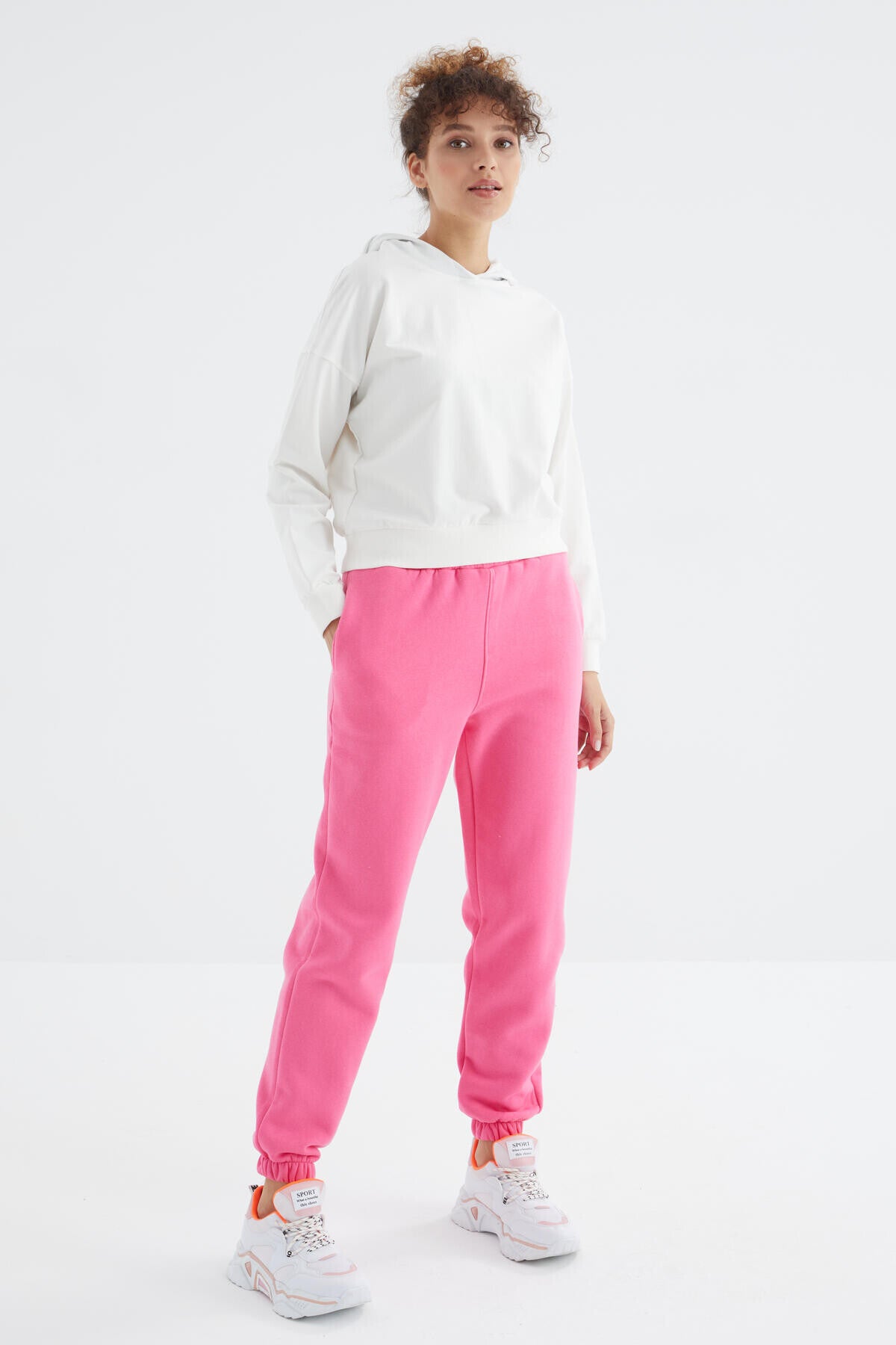 Sugar Pink High Waist Brushed 3-Thread Cotton Basic Women's Tracksuit Bottom - 94624